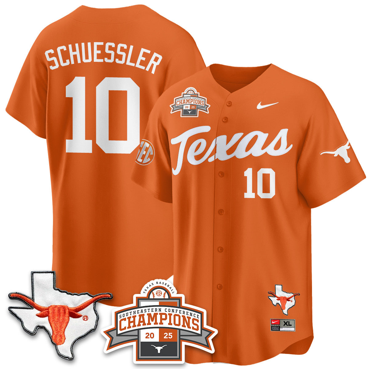 Texas Baseball 2025 Southeastern Conference Champions Jersey - Stitched