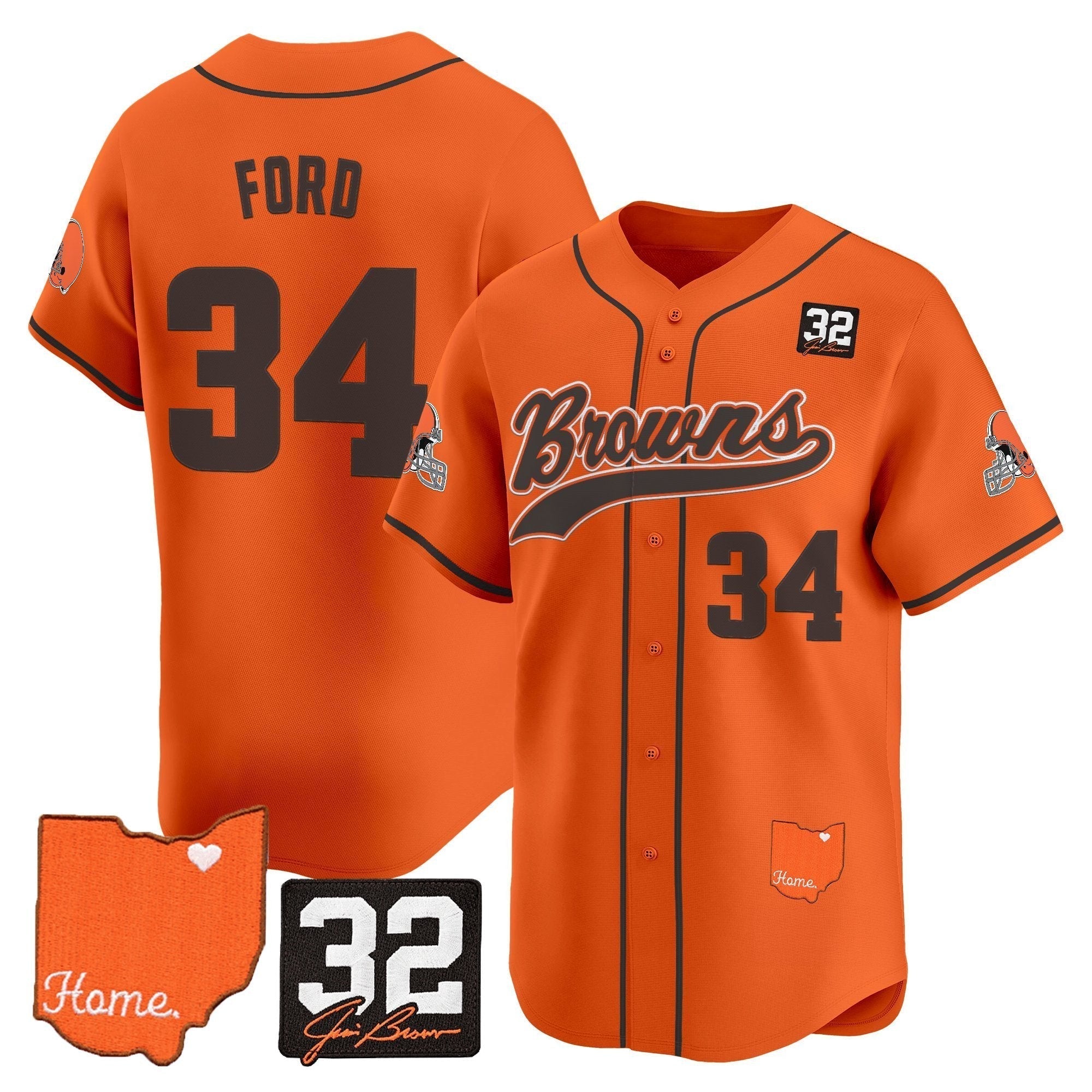 CLE '#32 Jim Brown Memorial & Home Patch' Vapor Baseball Jersey - Stitched