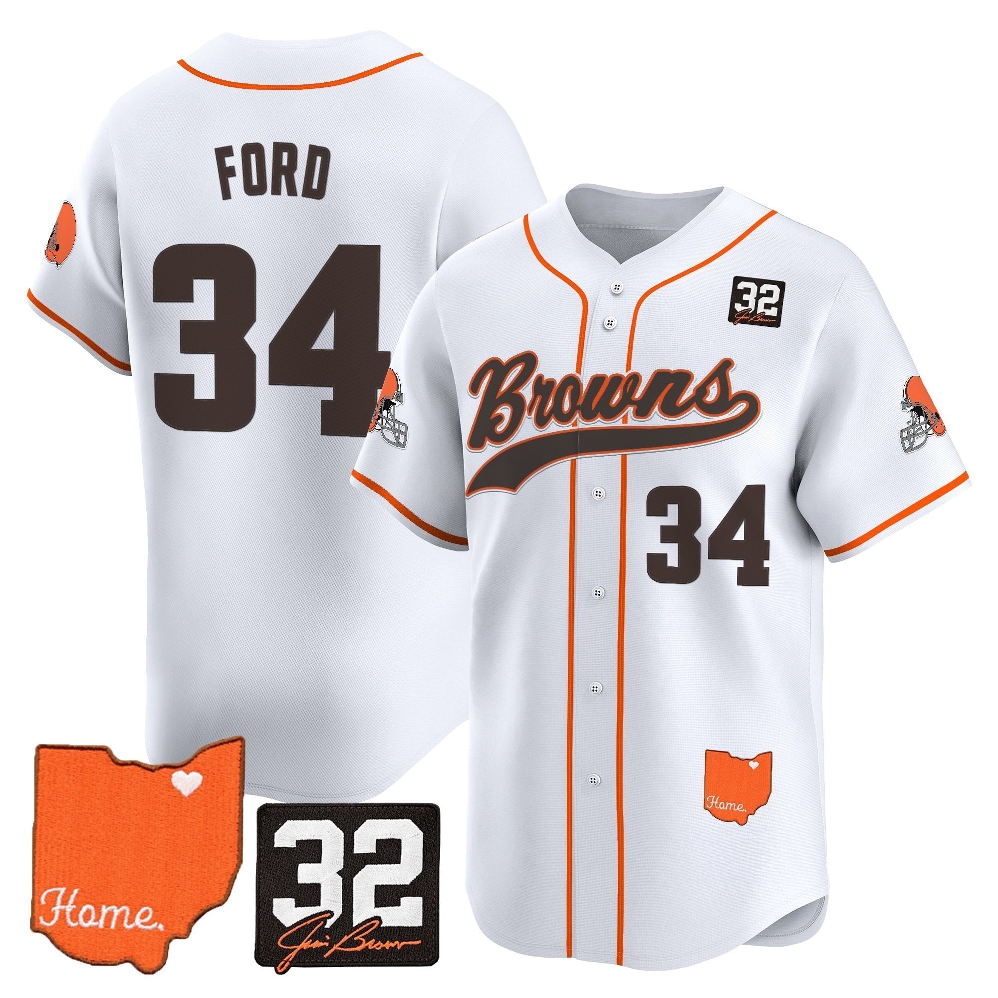 CLE '#32 Jim Brown Memorial & Home Patch' Vapor Baseball Jersey - Stitched