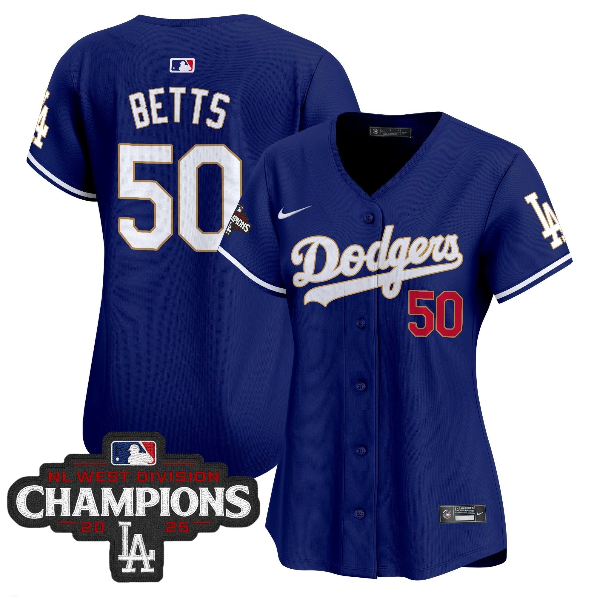 Women's Dodgers 2025 NL West Division Champions Patch Gold Trim Vapor Premier Limited Jersey - Stitched