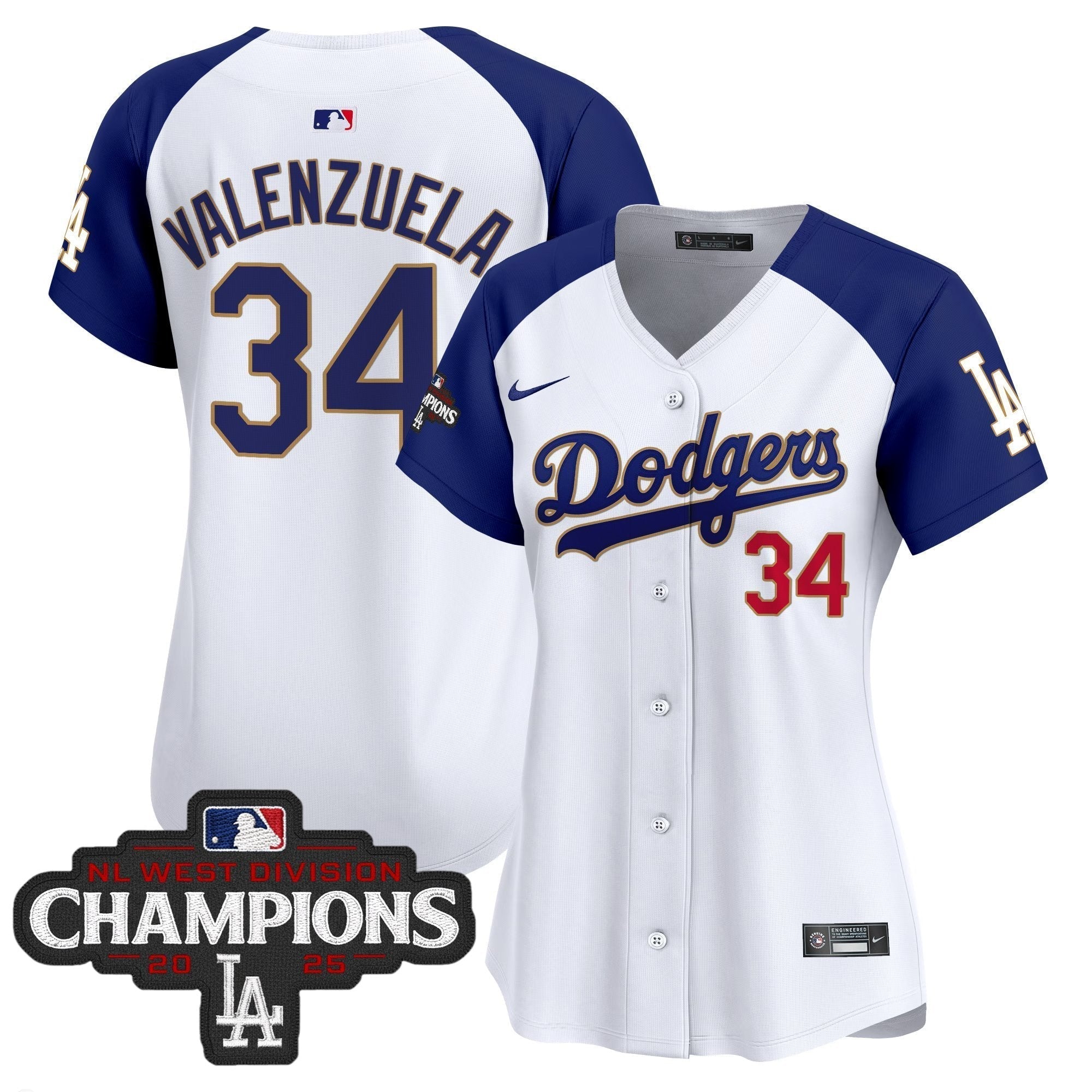 Women's Dodgers 2025 NL West Division Champions Patch Gold Trim Vapor Premier Limited Jersey - Stitched