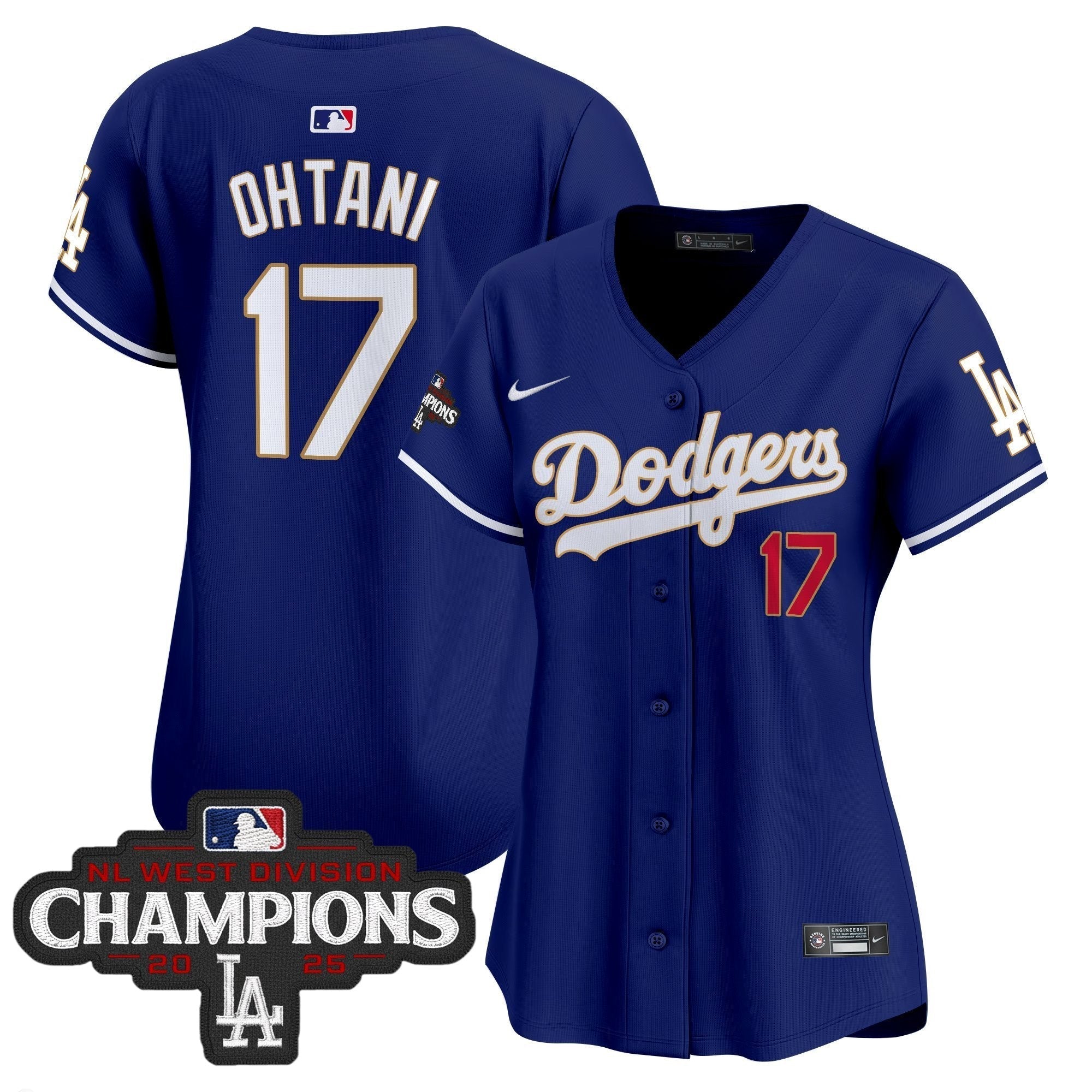 Women's Dodgers 2025 NL West Division Champions Patch Gold Trim Vapor Premier Limited Jersey - Stitched