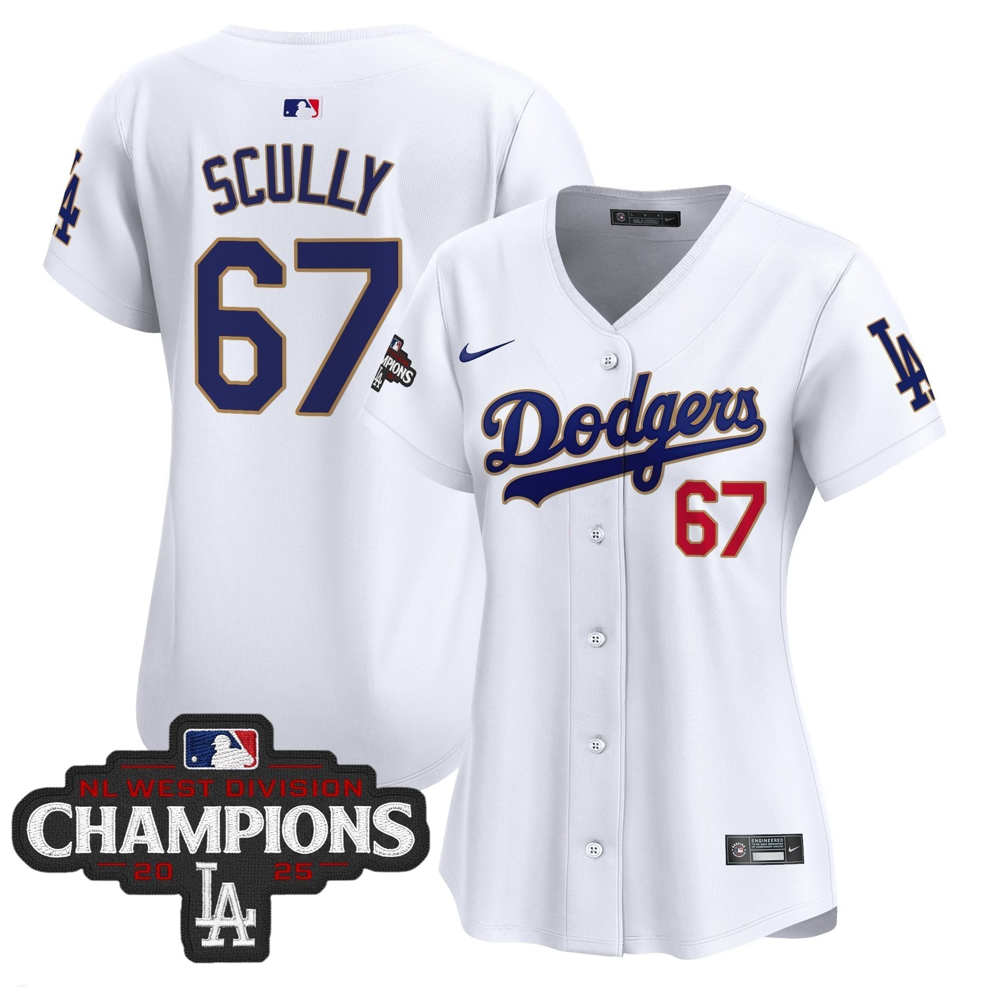 Women's Dodgers 2025 NL West Division Champions Patch Gold Trim Vapor Premier Limited Jersey - Stitched