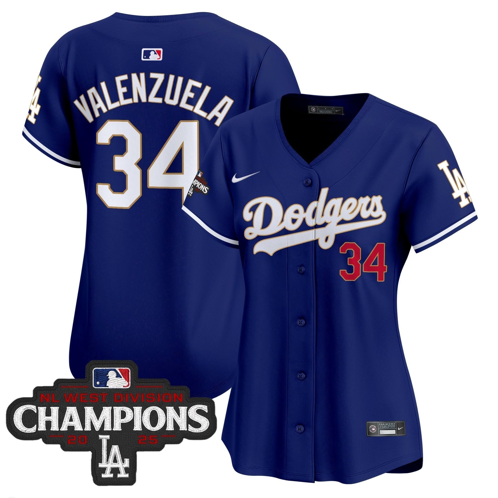 Women's Dodgers 2025 NL West Division Champions Patch Gold Trim Vapor Premier Limited Jersey - Stitched