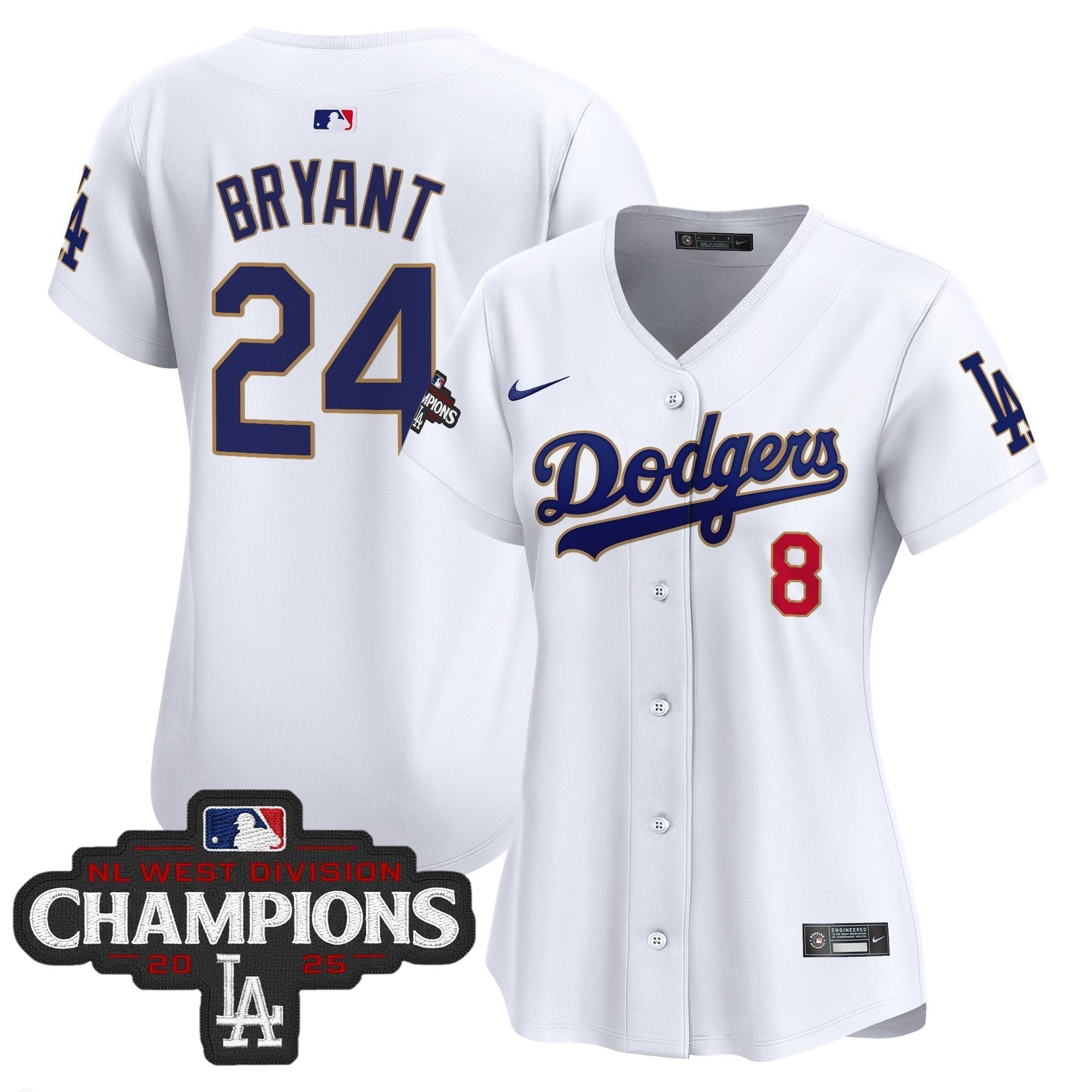 Women's Dodgers 2025 NL West Division Champions Patch Gold Trim Vapor Premier Limited Jersey - Stitched