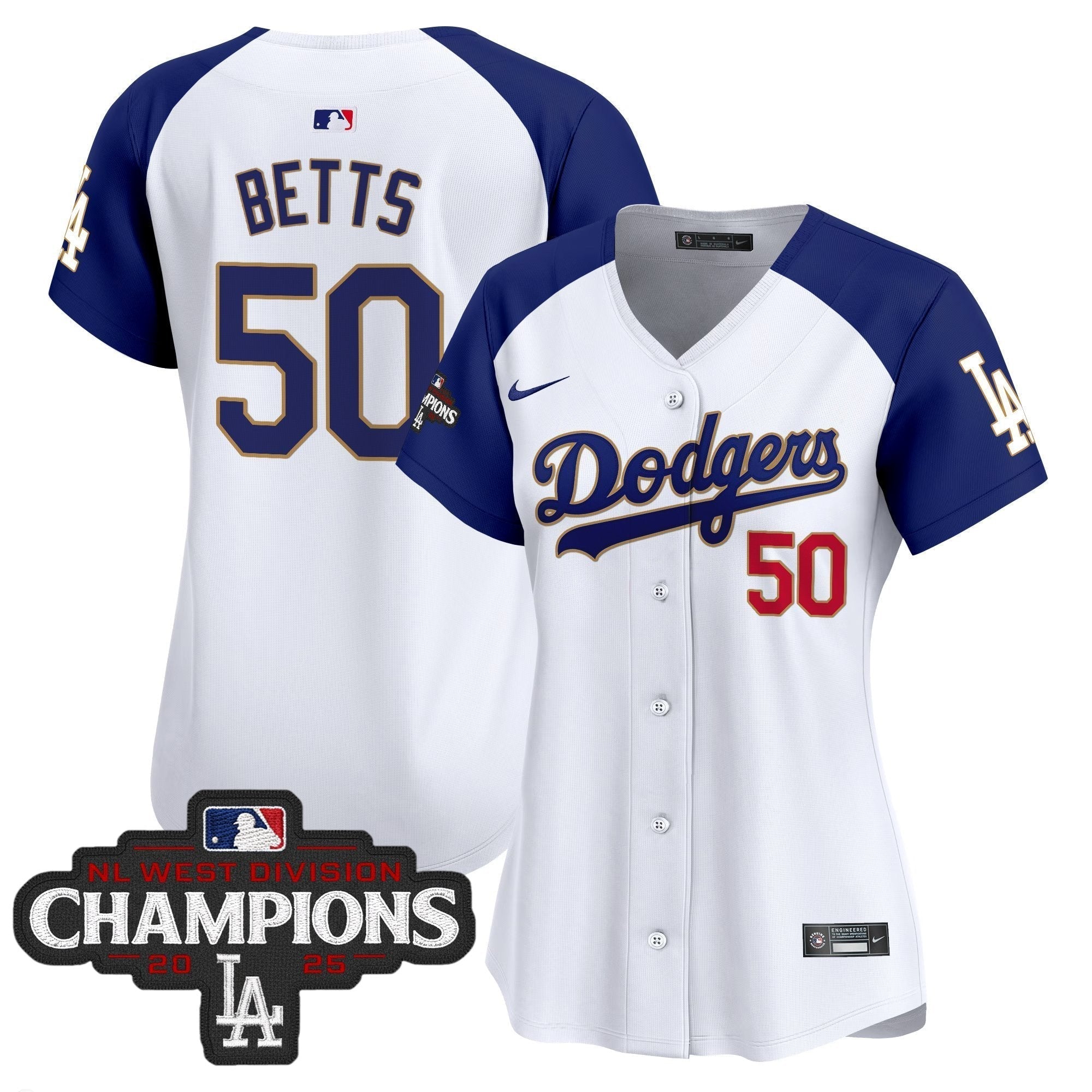Women's Dodgers 2025 NL West Division Champions Patch Gold Trim Vapor Premier Limited Jersey - Stitched