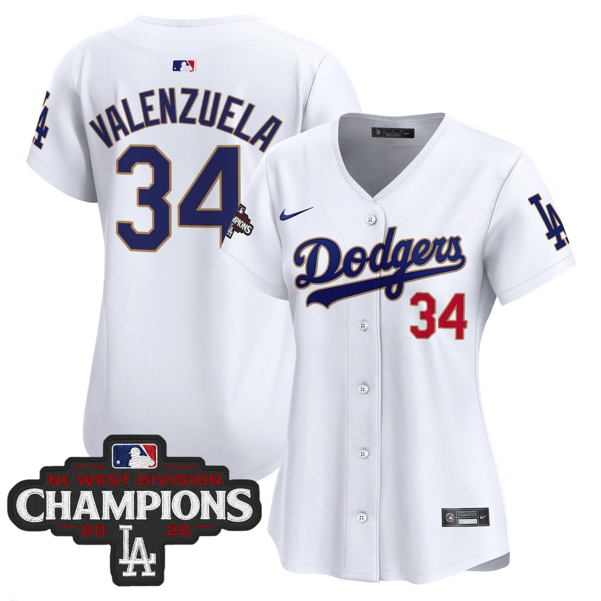 Women's Dodgers 2025 NL West Division Champions Patch Gold Trim Vapor Premier Limited Jersey - Stitched