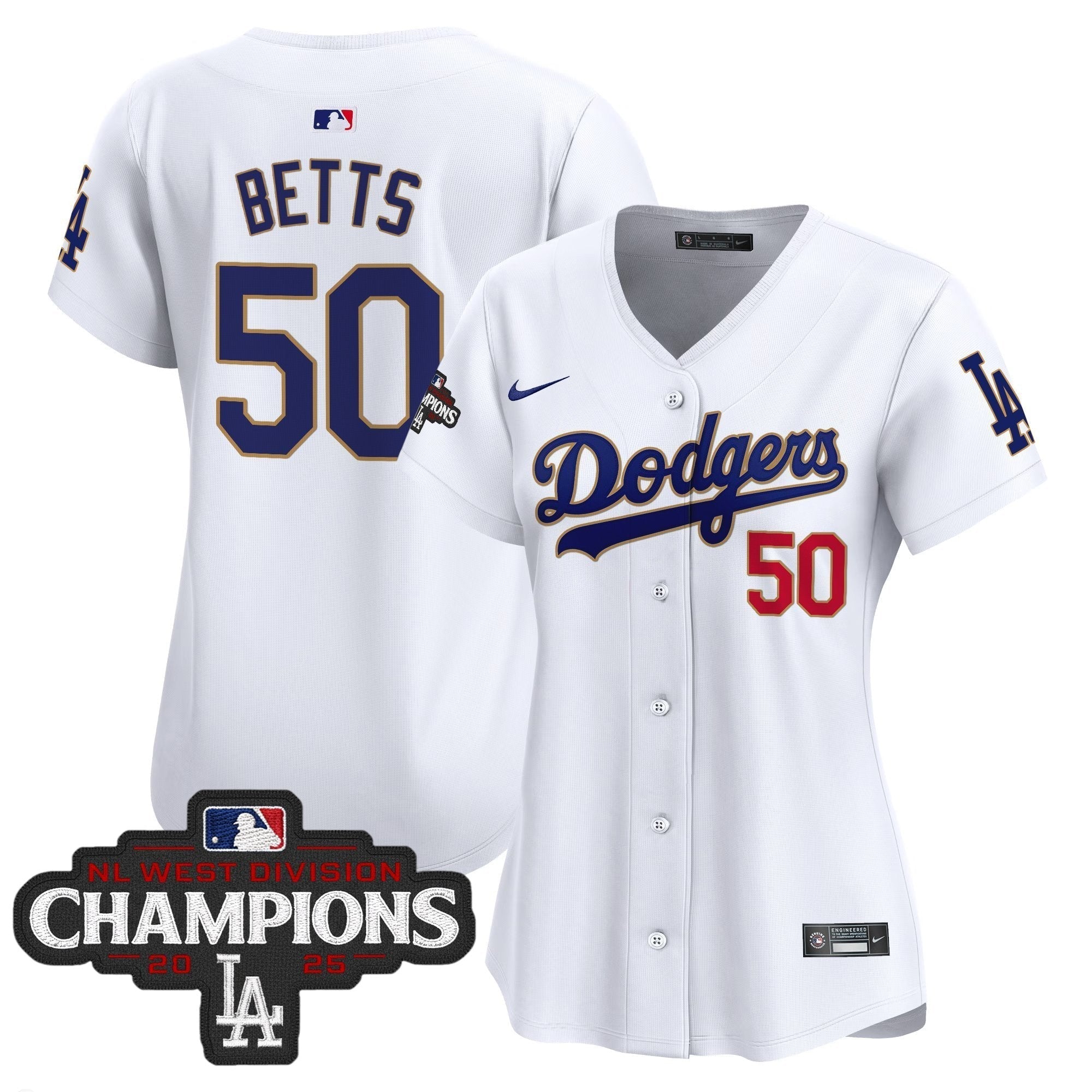 Women's Dodgers 2025 NL West Division Champions Patch Gold Trim Vapor Premier Limited Jersey - Stitched