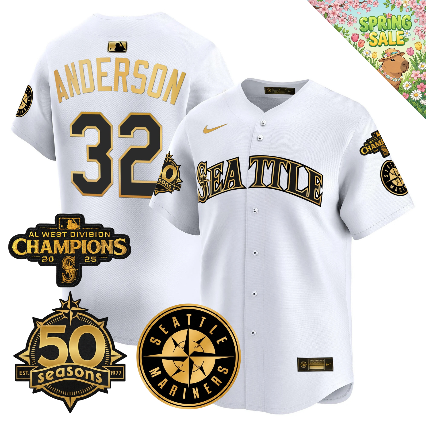 SEA Vapor Limited Gold Jersey - 50th Anniversary & 2025 AL West Champs Patch - Stitched