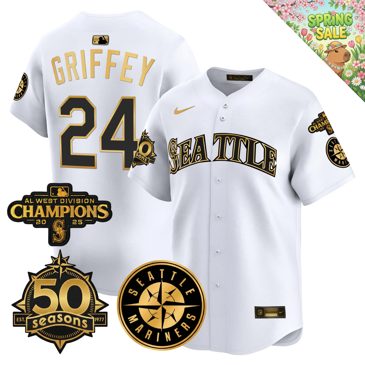 SEA Vapor Limited Gold Jersey - 50th Anniversary & 2025 AL West Champs Patch - Stitched