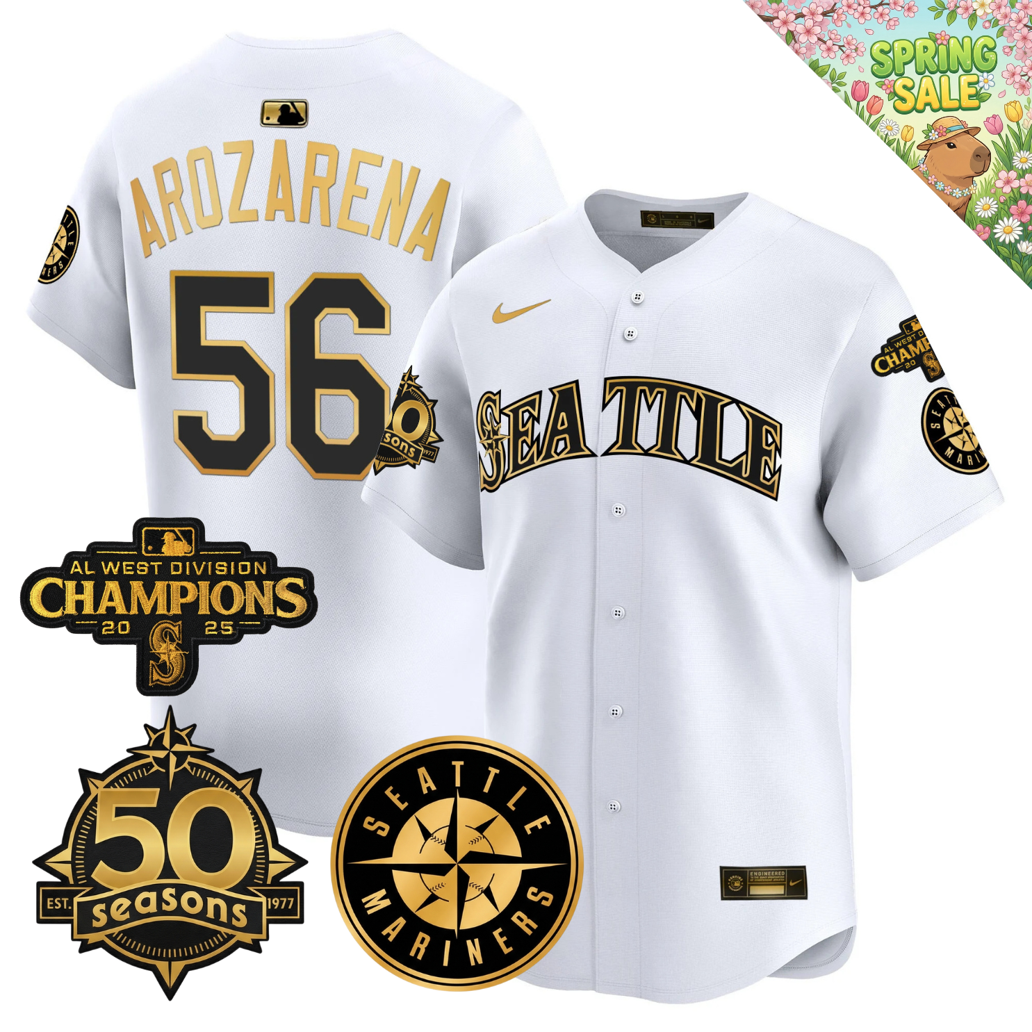 SEA Vapor Limited Gold Jersey - 50th Anniversary & 2025 AL West Champs Patch - Stitched