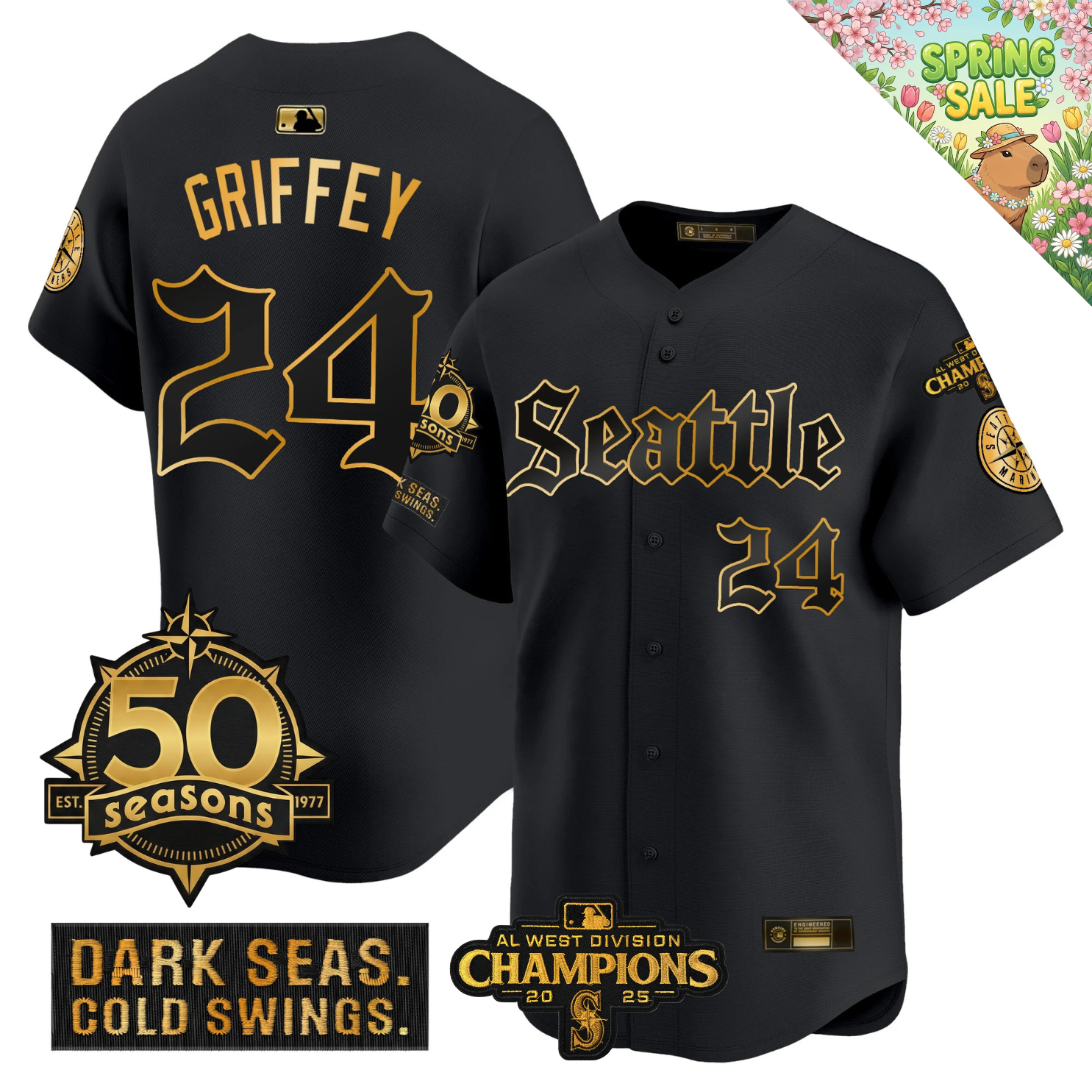 SEA Vapor Limited Gold Jersey - 50th Anniversary & 2025 AL West Champs Patch - Stitched
