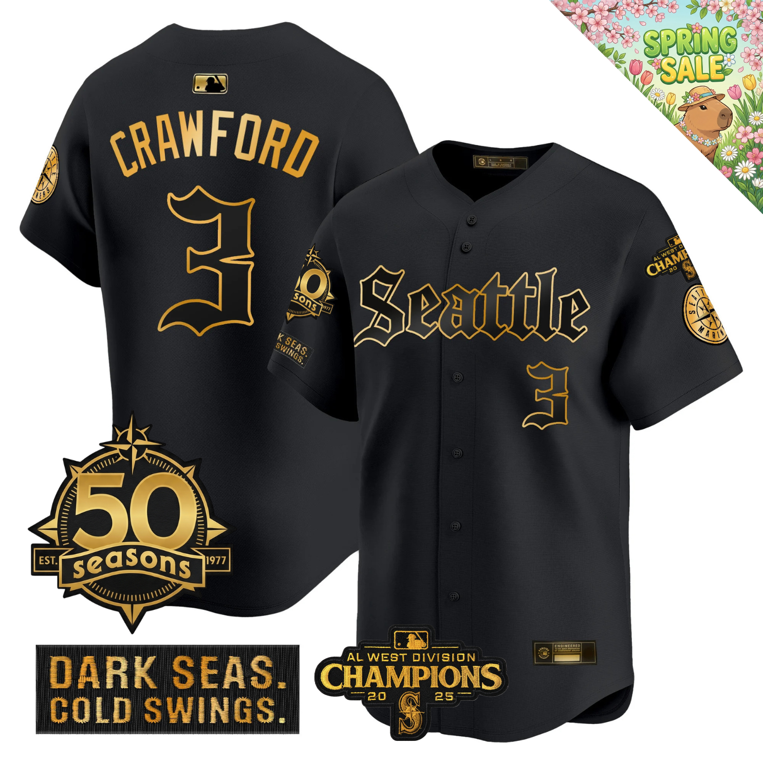 SEA Vapor Limited Gold Jersey - 50th Anniversary & 2025 AL West Champs Patch - Stitched