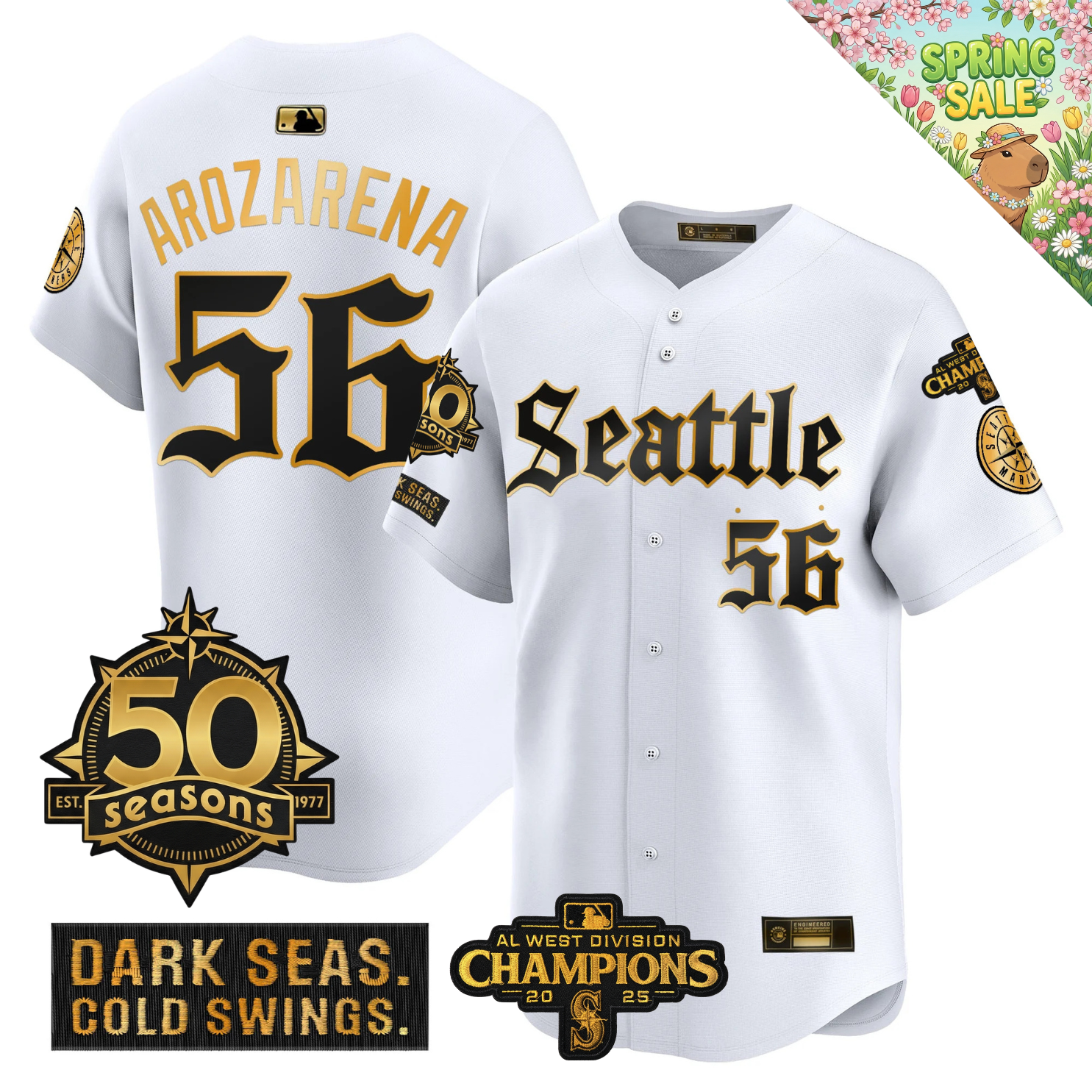 SEA Vapor Limited Gold Jersey - 50th Anniversary & 2025 AL West Champs Patch - Stitched