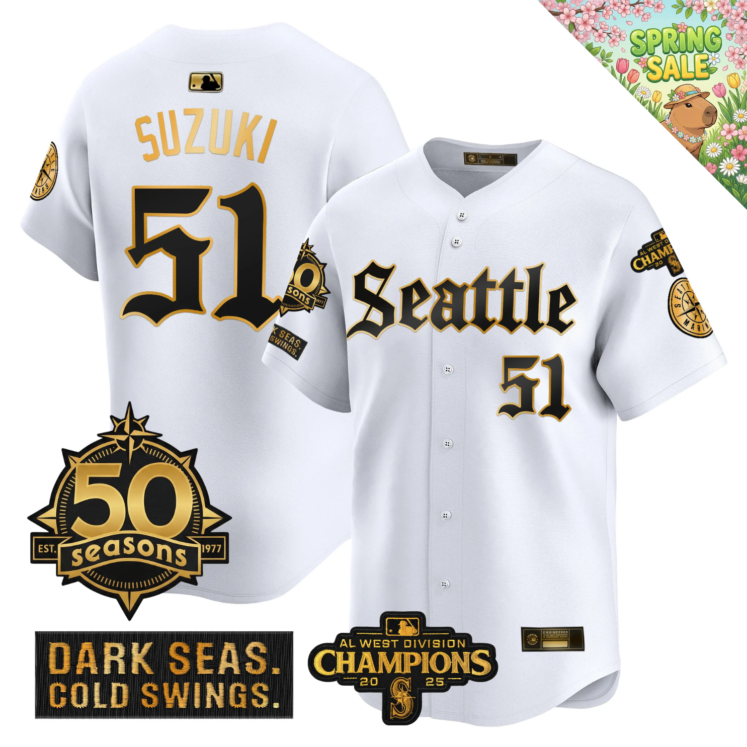 SEA Vapor Limited Gold Jersey - 50th Anniversary & 2025 AL West Champs Patch - Stitched