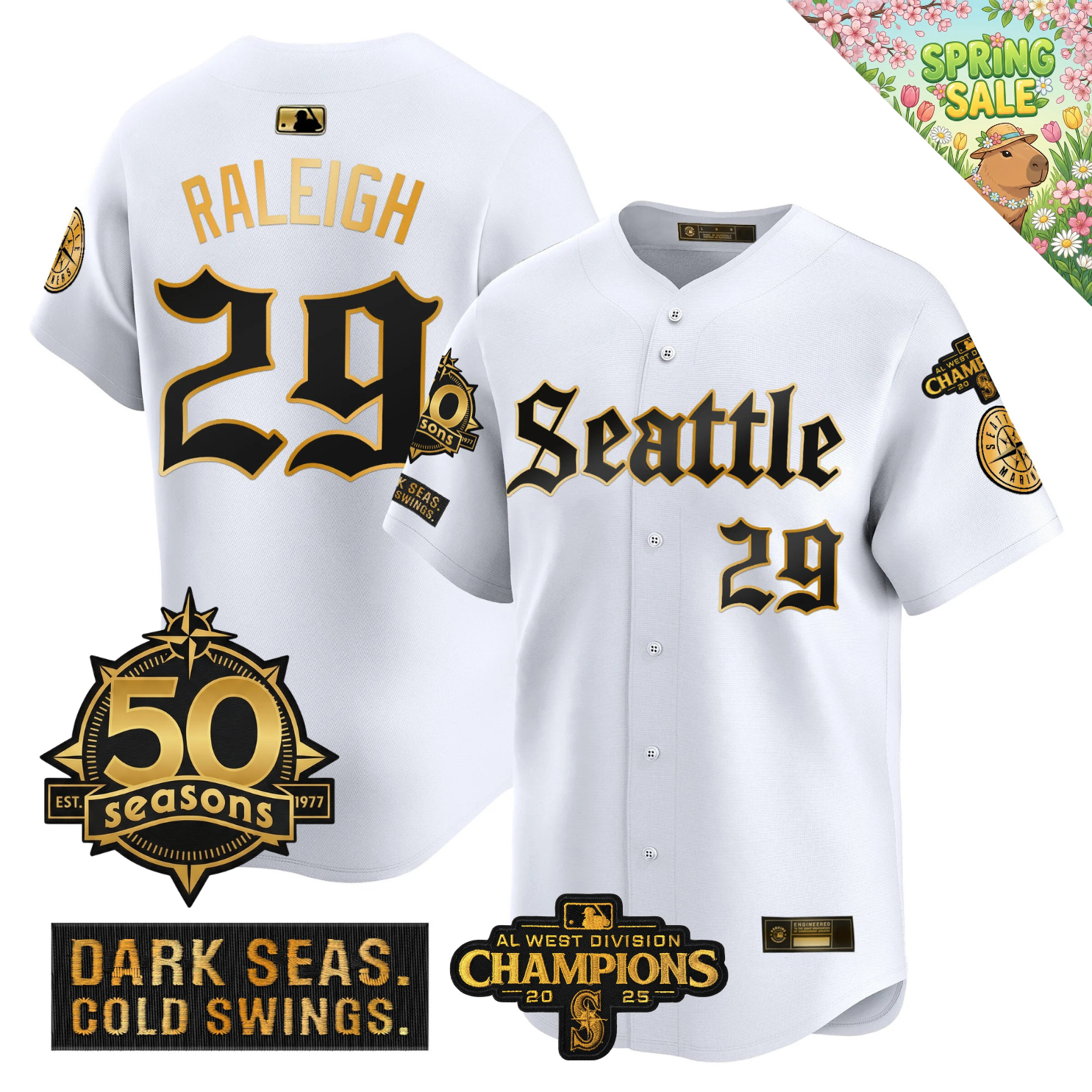 SEA Vapor Limited Gold Jersey - 50th Anniversary & 2025 AL West Champs Patch - Stitched