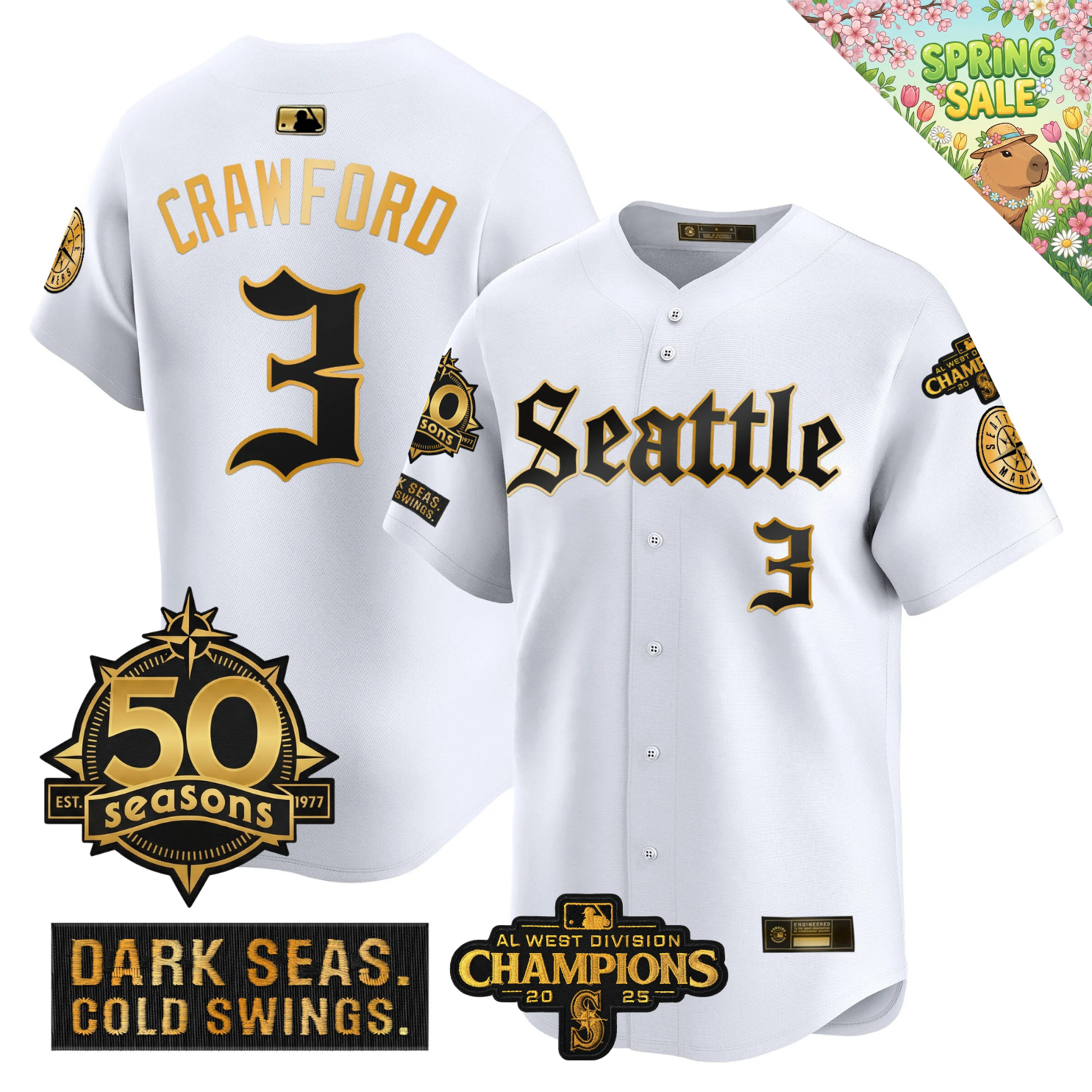 SEA Vapor Limited Gold Jersey - 50th Anniversary & 2025 AL West Champs Patch - Stitched