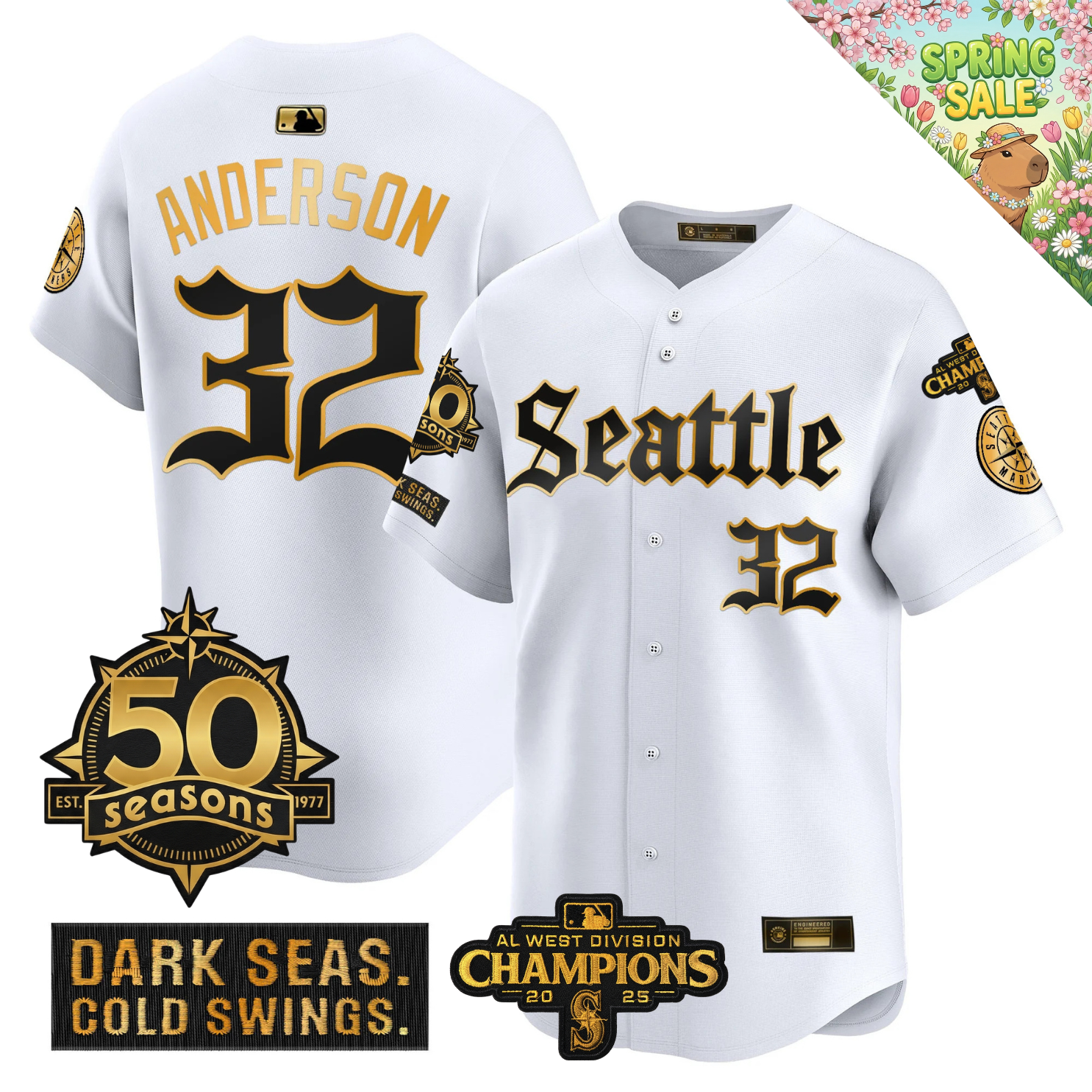 SEA Vapor Limited Gold Jersey - 50th Anniversary & 2025 AL West Champs Patch - Stitched