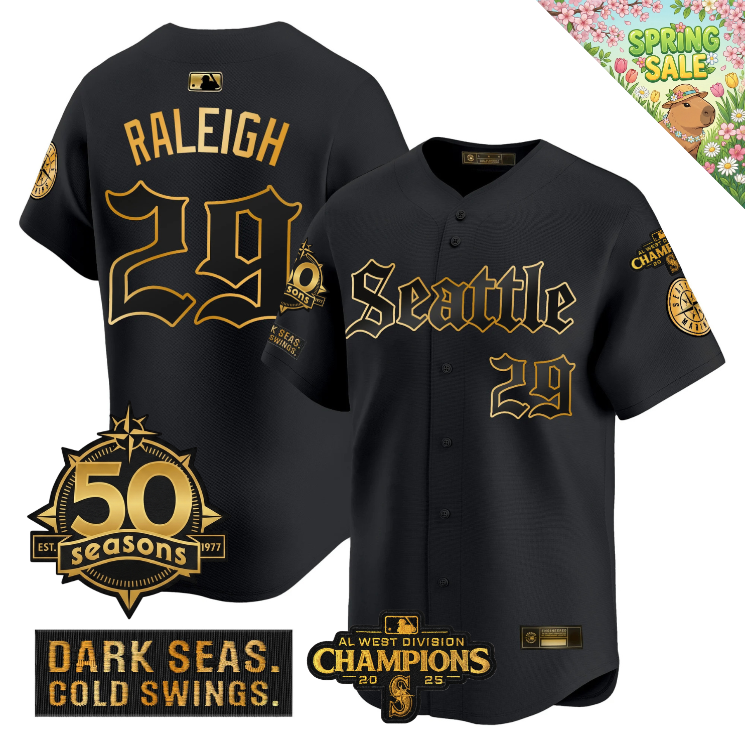 SEA Vapor Limited Gold Jersey - 50th Anniversary & 2025 AL West Champs Patch - Stitched