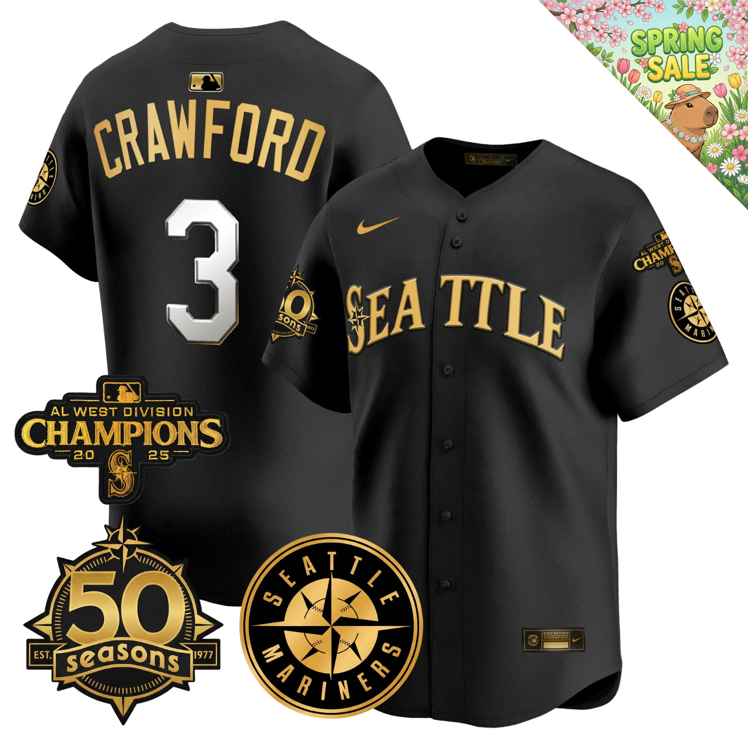 SEA Vapor Limited Gold Jersey - 50th Anniversary & 2025 AL West Champs Patch - Stitched