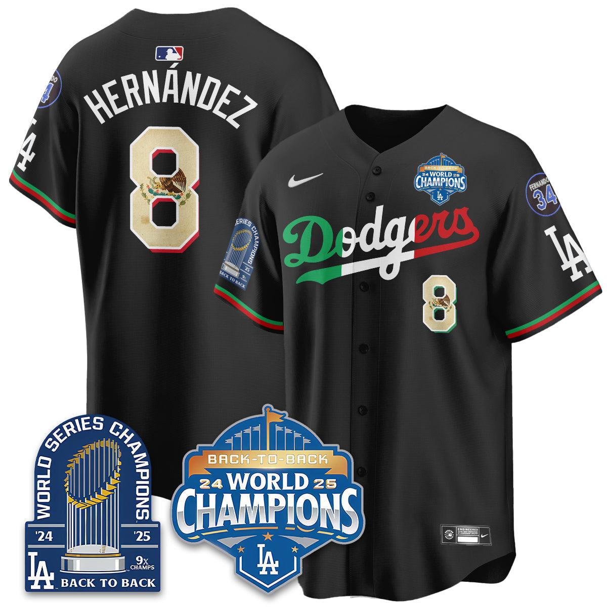LAD Black Flag Mexico World Series Champions Jersey - 9x Champs - Stitched