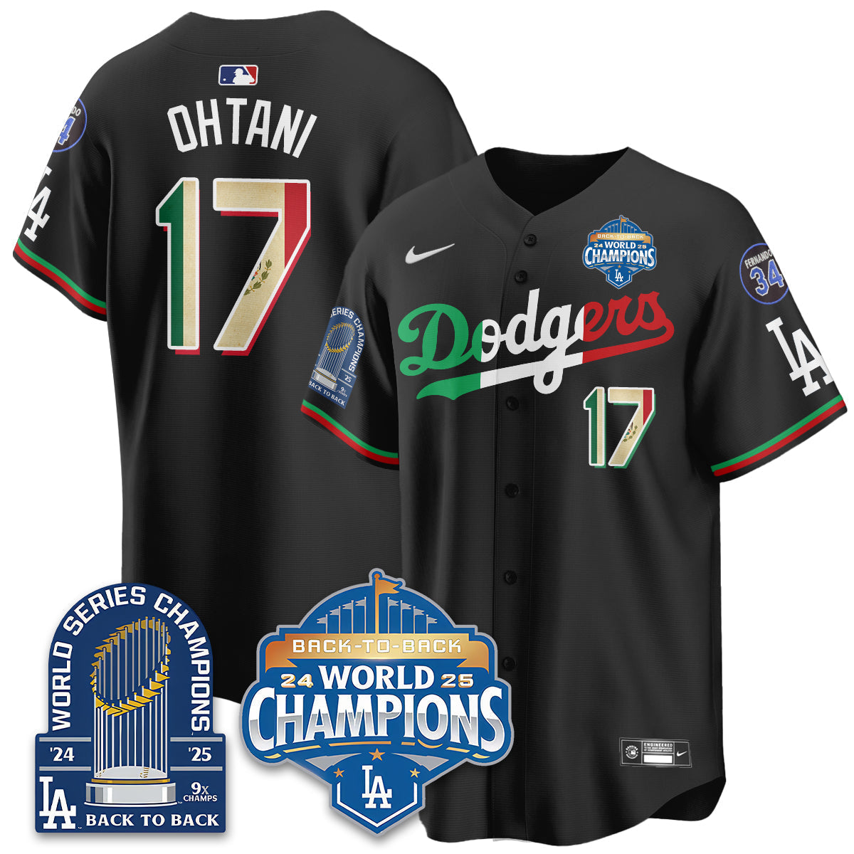 LAD Black Flag Mexico World Series Champions Jersey - 9x Champs - Stitched