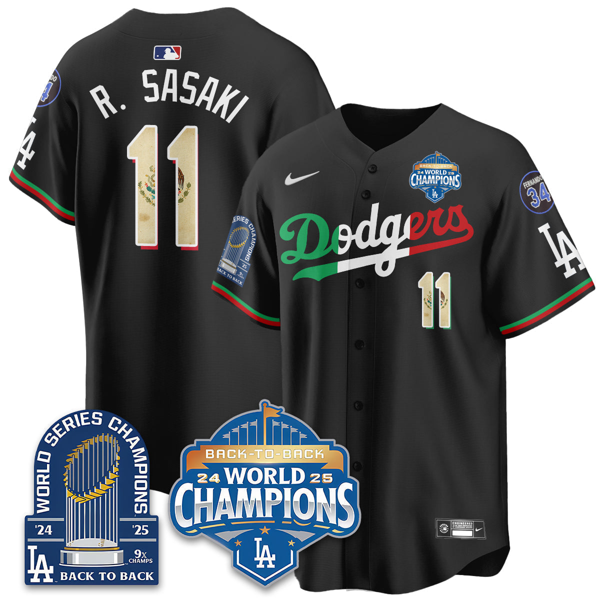 LAD Black Flag Mexico World Series Champions Jersey - 9x Champs - Stitched