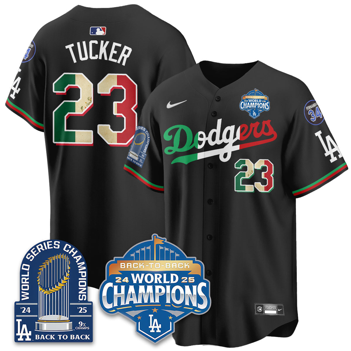 LAD Black Flag Mexico World Series Champions Jersey - 9x Champs - Stitched