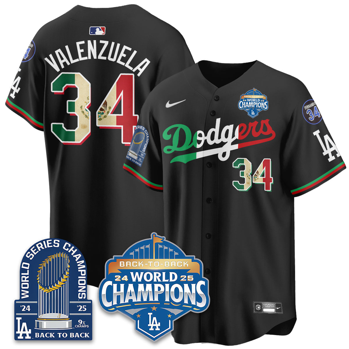 LAD Black Flag Mexico World Series Champions Jersey - 9x Champs - Stitched