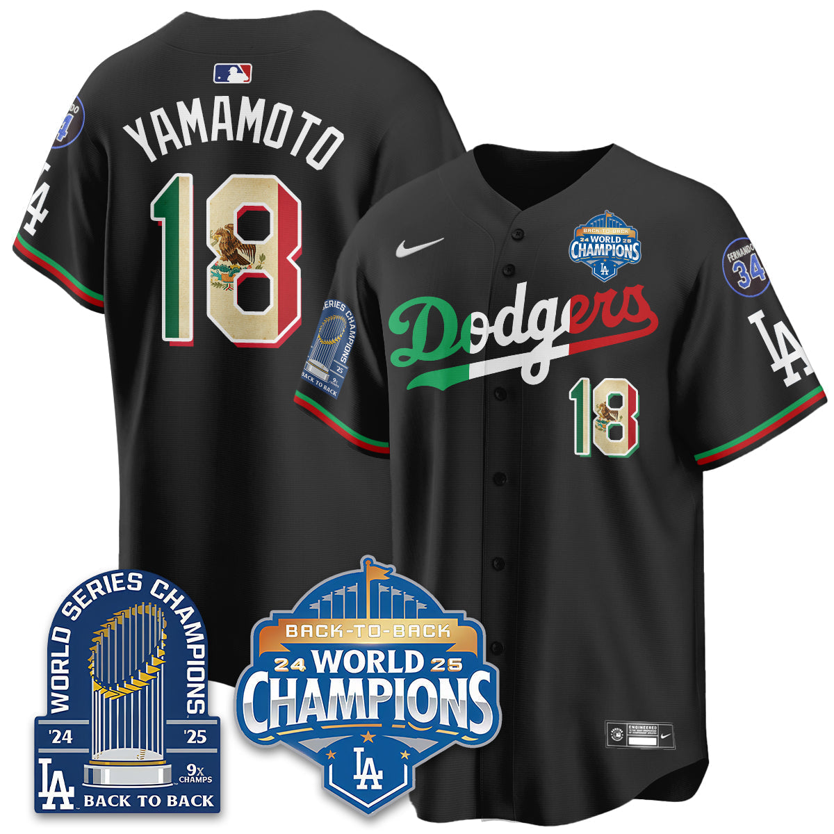 LAD Black Flag Mexico World Series Champions Jersey - 9x Champs - Stitched
