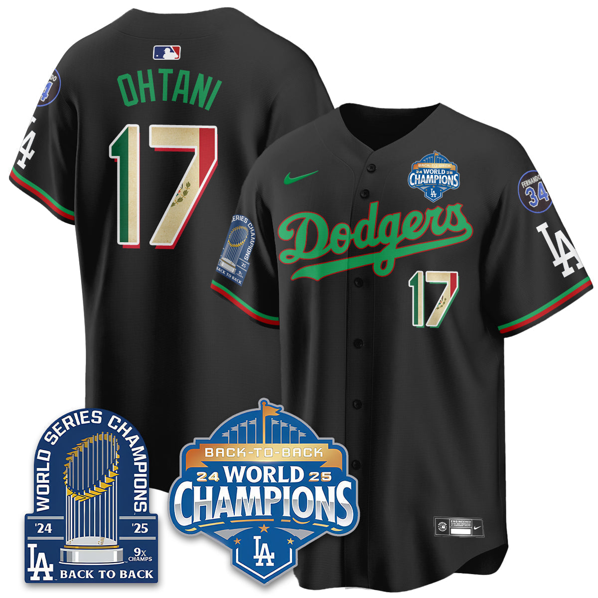 LAD Black Flag Mexico World Series Champions Jersey - 9x Champs - Stitched