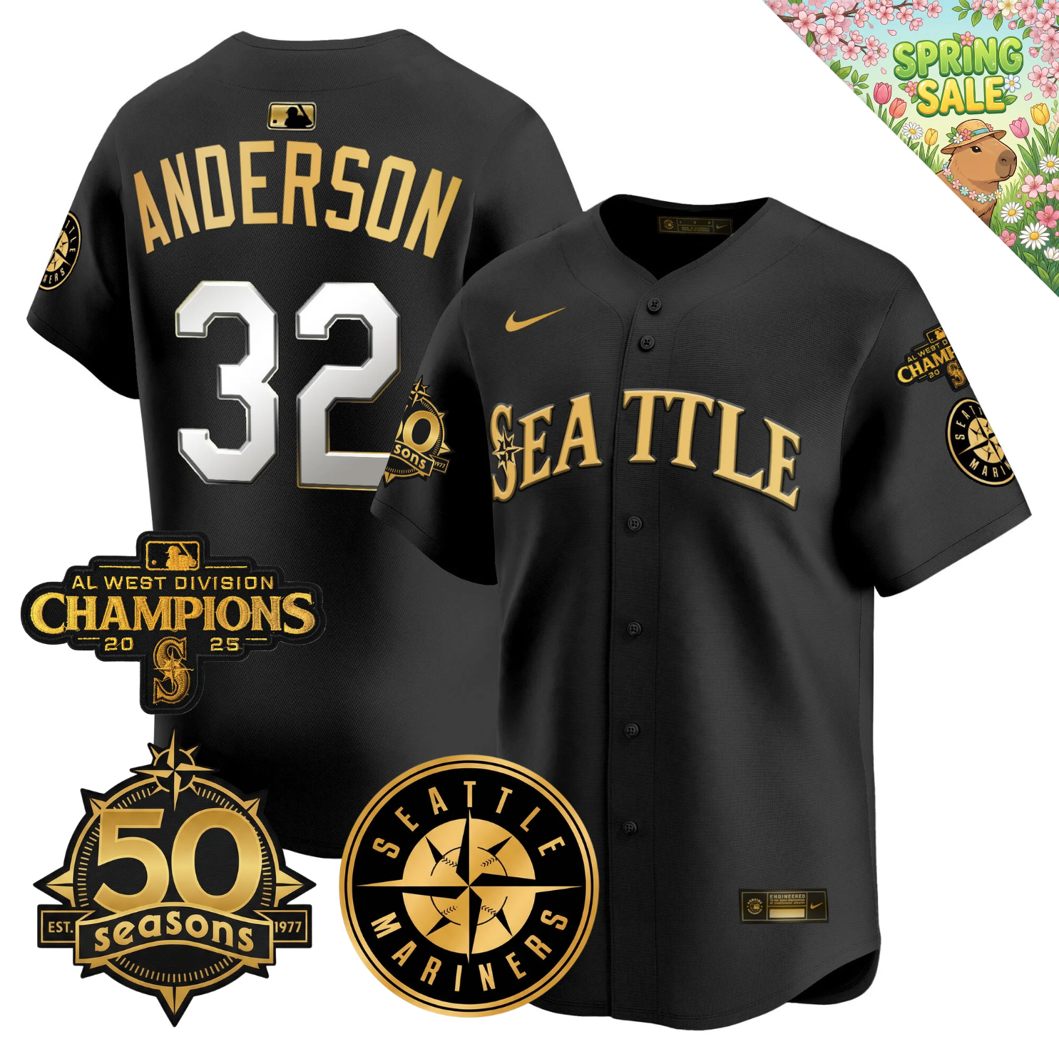 SEA Vapor Limited Gold Jersey - 50th Anniversary & 2025 AL West Champs Patch - Stitched