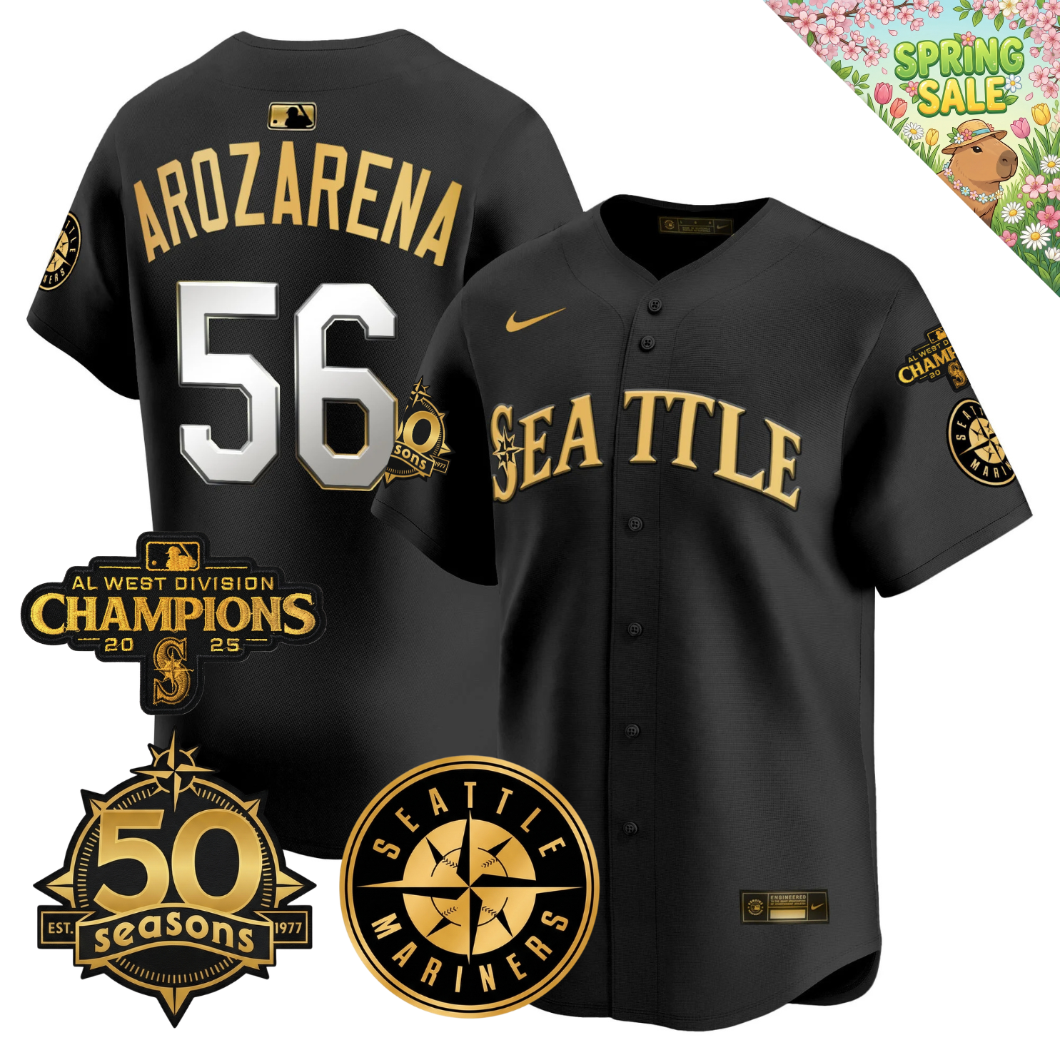 SEA Vapor Limited Gold Jersey - 50th Anniversary & 2025 AL West Champs Patch - Stitched