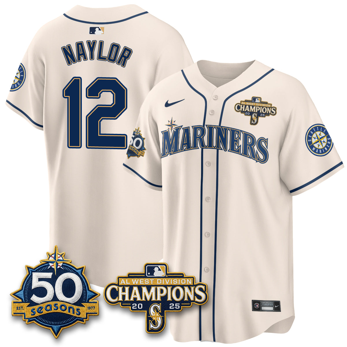 SEA Limited Throwback Cream Jersey - 50th Anniversary & AL West Division Champions - Stitched