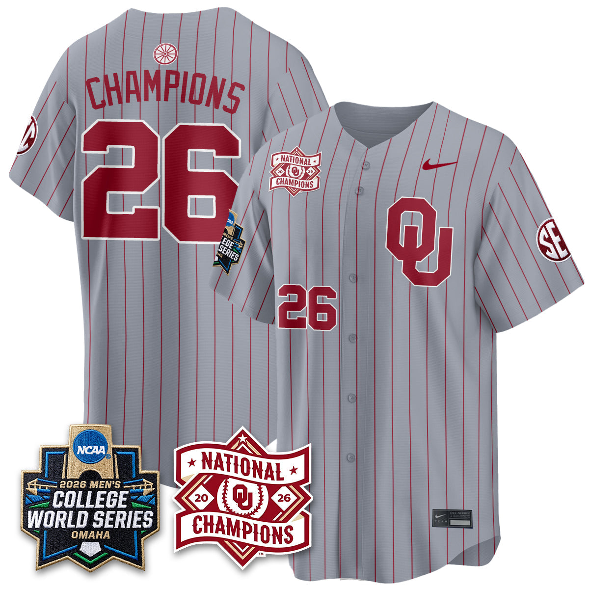OU 2026 NCAA Baseball College World Series Champions Vapor White Jersey - Stitched