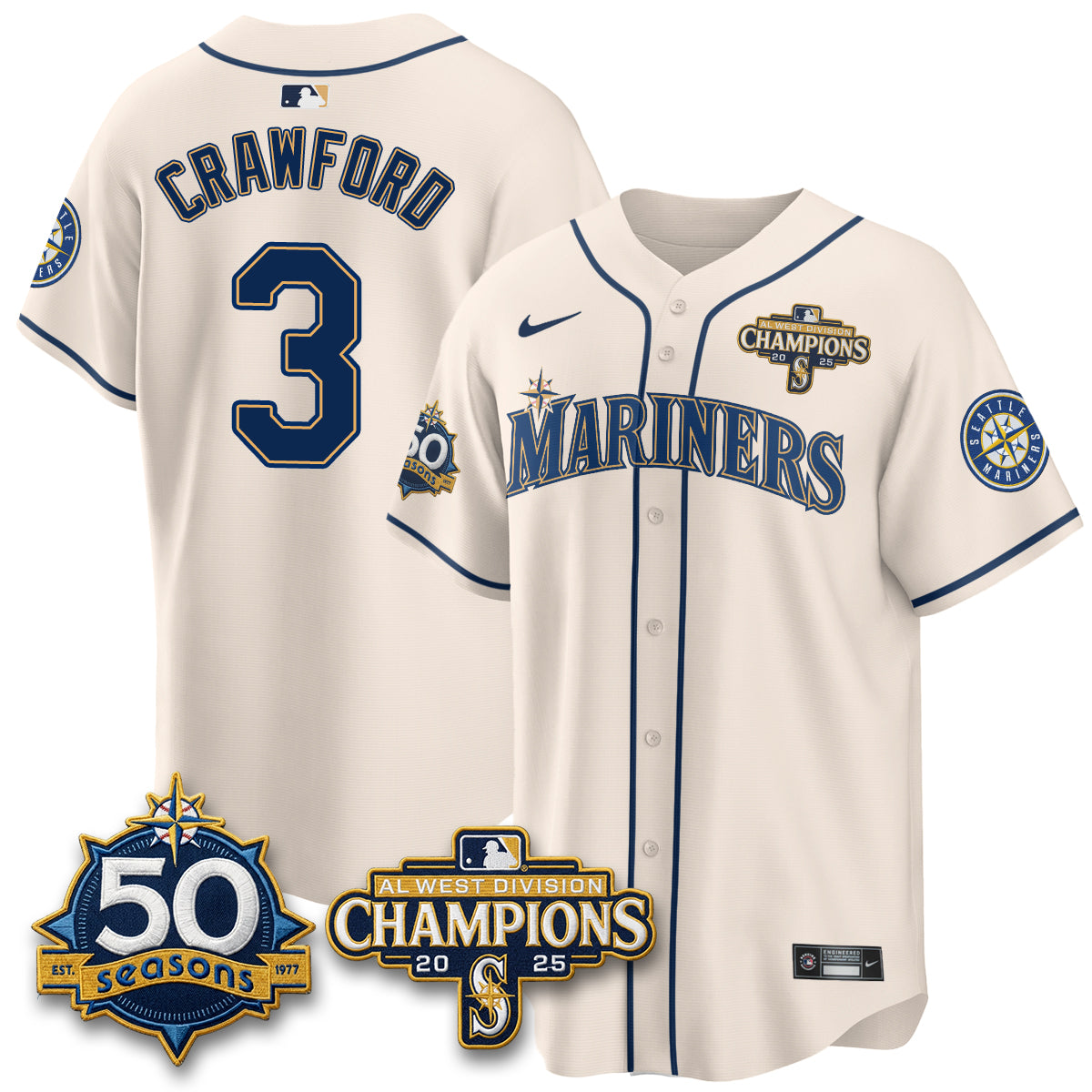 SEA Limited Throwback Cream Jersey - 50th Anniversary & AL West Division Champions - Stitched