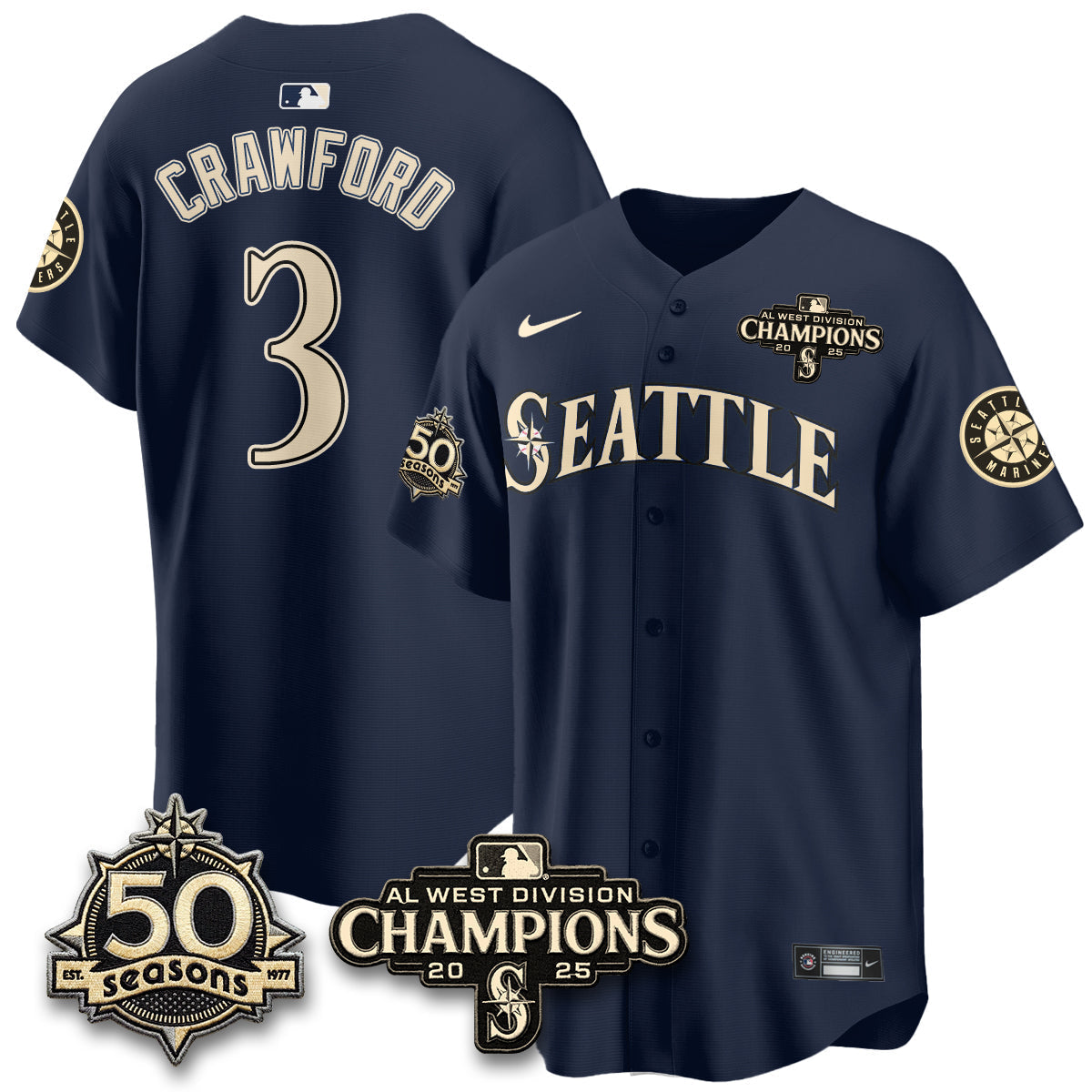 SEA Limited Throwback Cream Jersey - 50th Anniversary & AL West Division Champions - Stitched