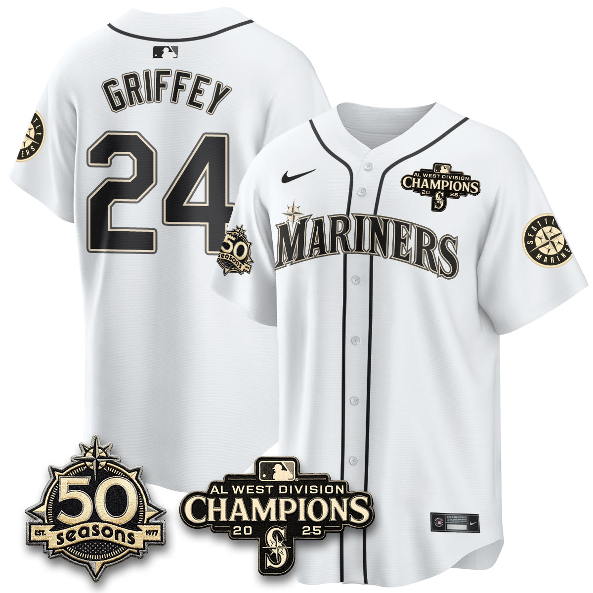 SEA Limited Throwback Cream Jersey - 50th Anniversary & AL West Division Champions - Stitched