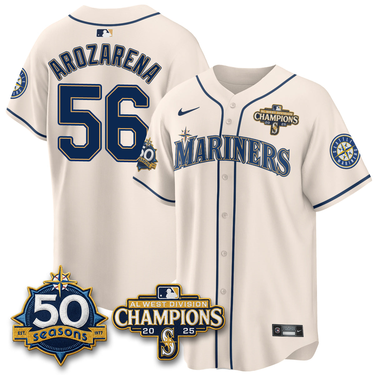 SEA Limited Throwback Cream Jersey - 50th Anniversary & AL West Division Champions - Stitched