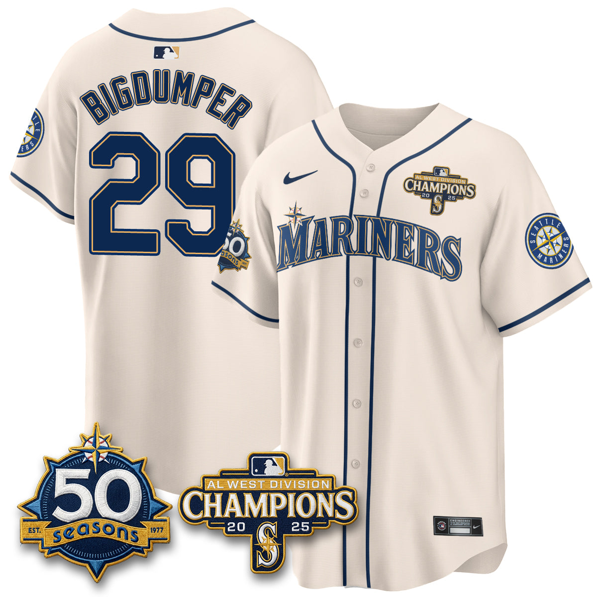 SEA Limited Throwback Cream Jersey - 50th Anniversary & AL West Division Champions - Stitched