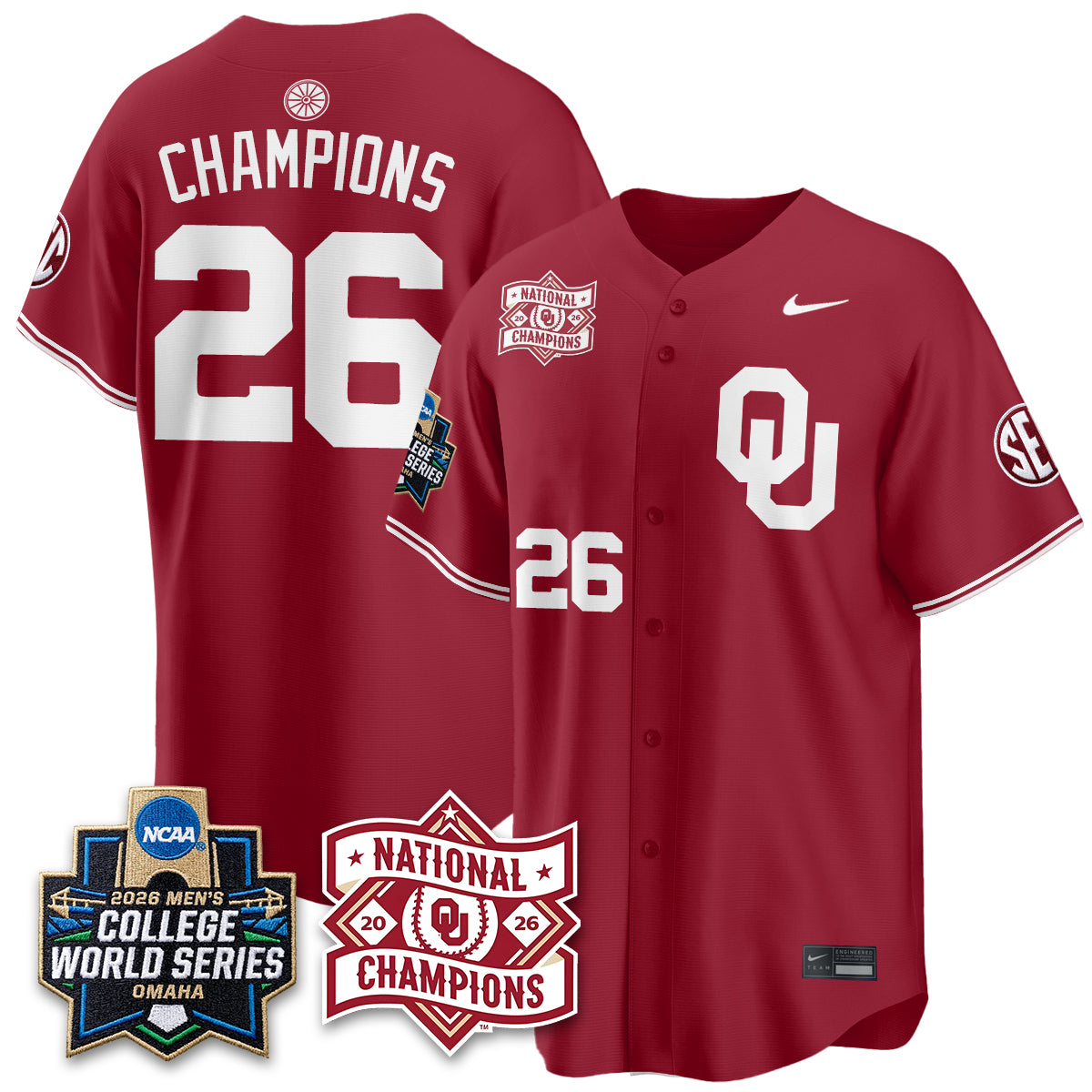 OU 2026 NCAA Baseball College World Series Champions Vapor White Jersey - Stitched