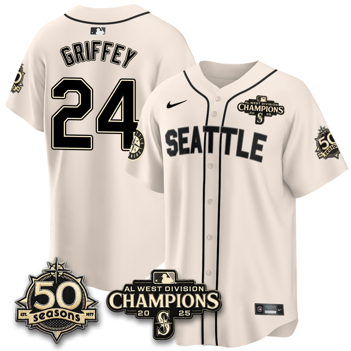SEA Limited Throwback Cream Jersey - 50th Anniversary & AL West Division Champions - Stitched
