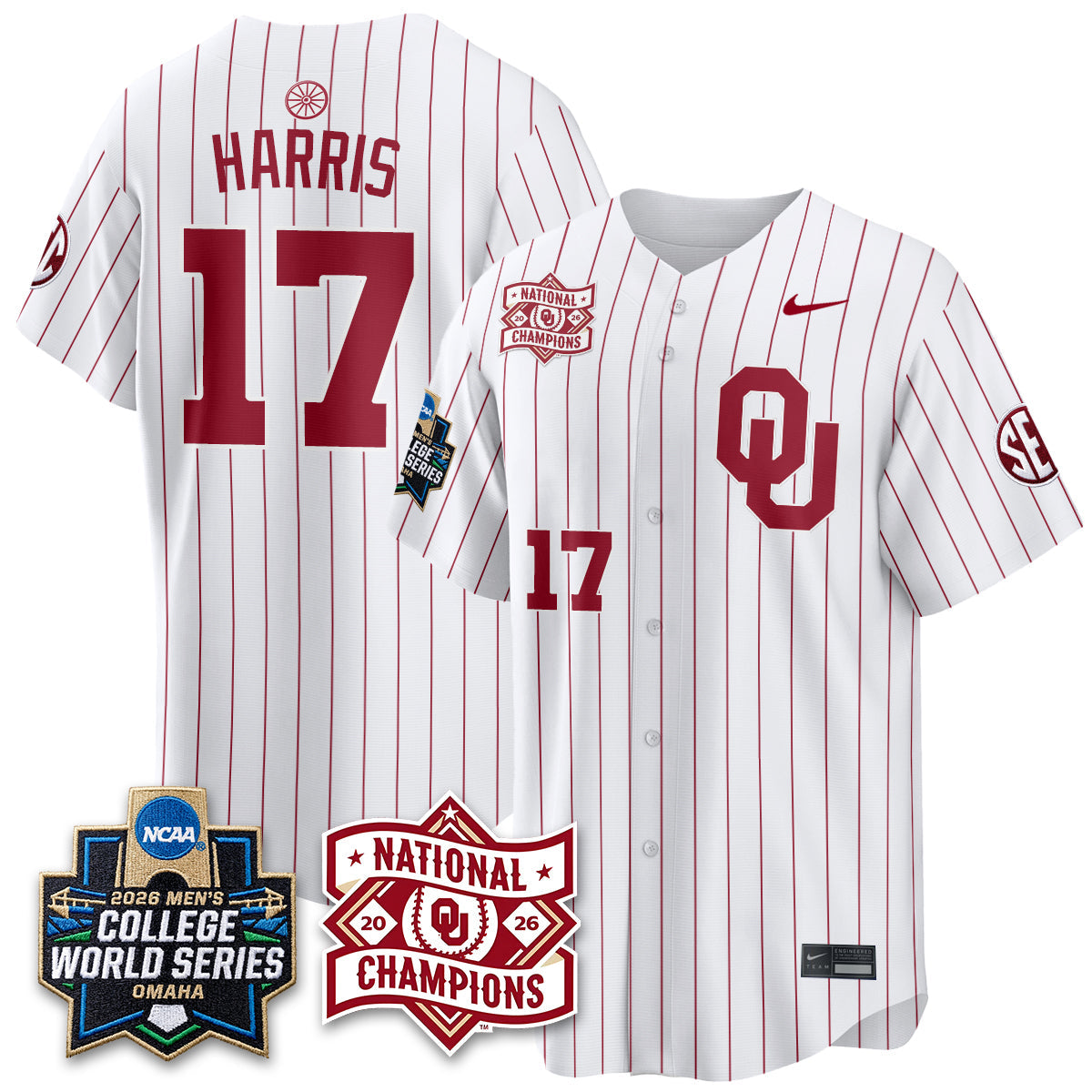 OU 2026 NCAA Baseball College World Series Champions Vapor White Jersey - Stitched