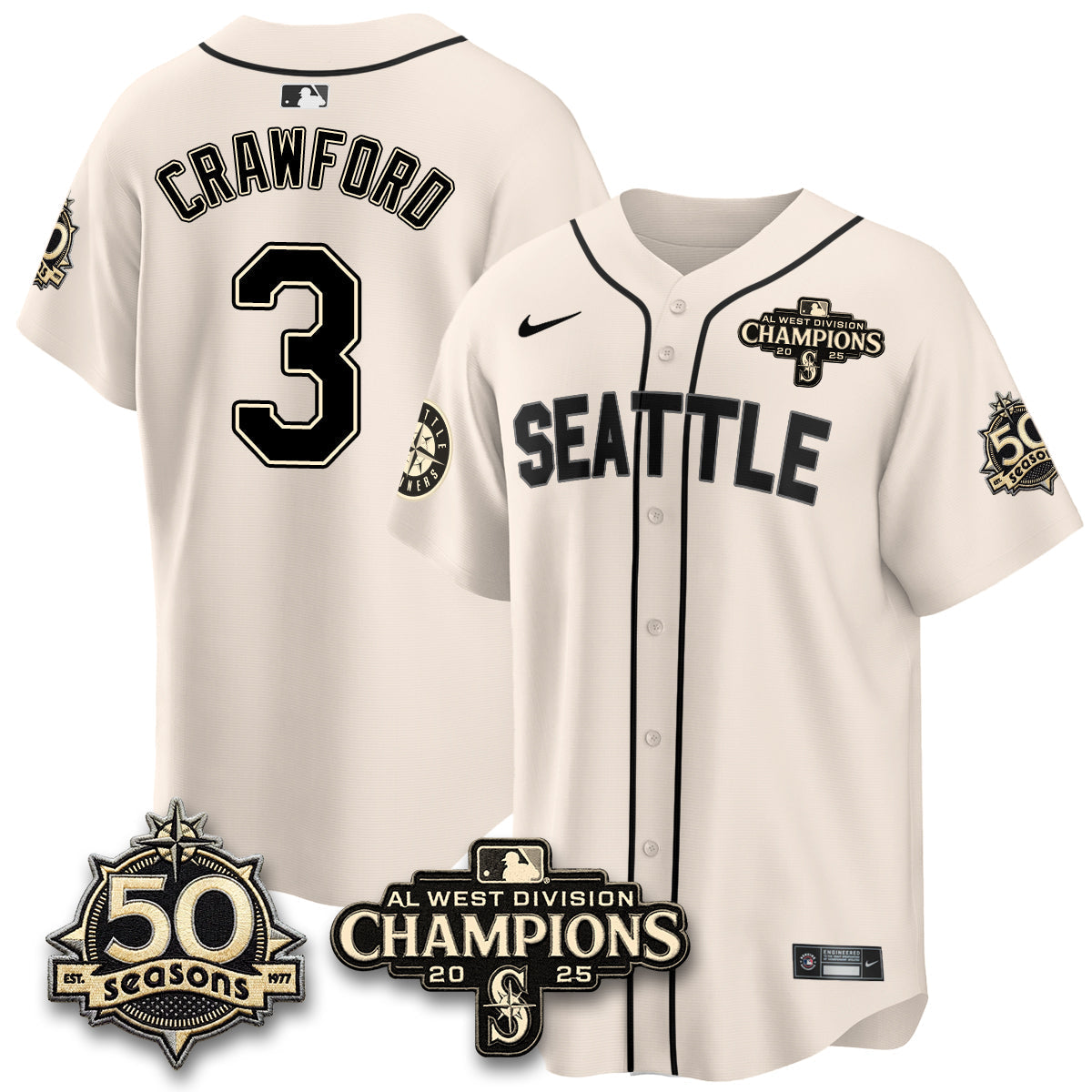 SEA Limited Throwback Cream Jersey - 50th Anniversary & AL West Division Champions - Stitched