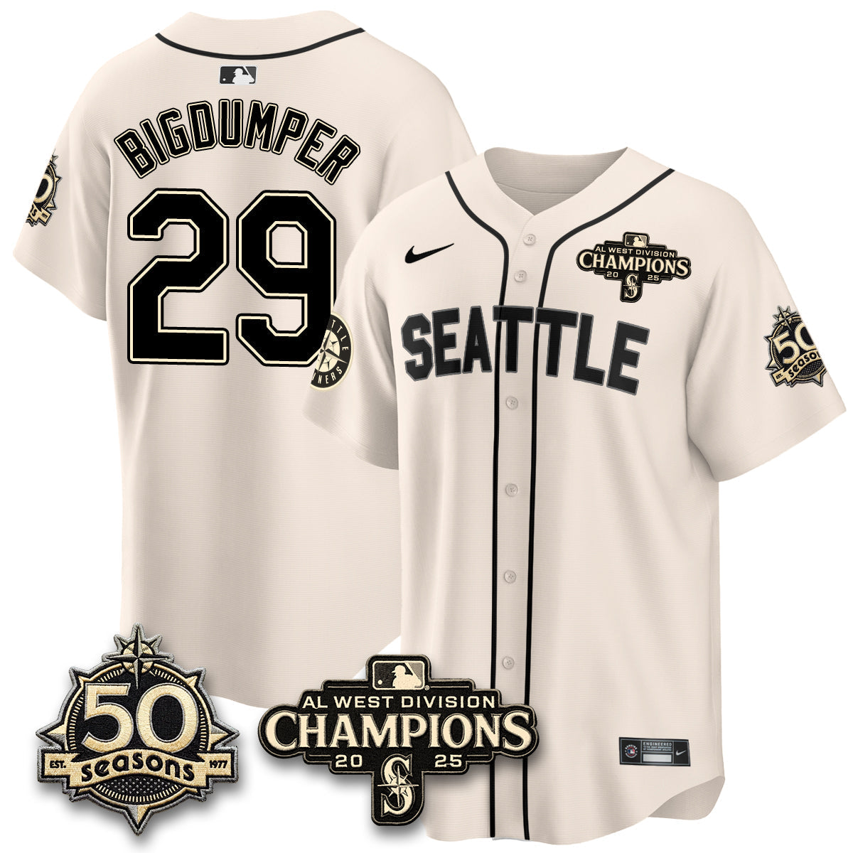 SEA Limited Throwback Cream Jersey - 50th Anniversary & AL West Division Champions - Stitched