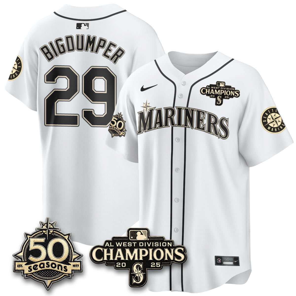SEA Limited Throwback Cream Jersey - 50th Anniversary & AL West Division Champions - Stitched