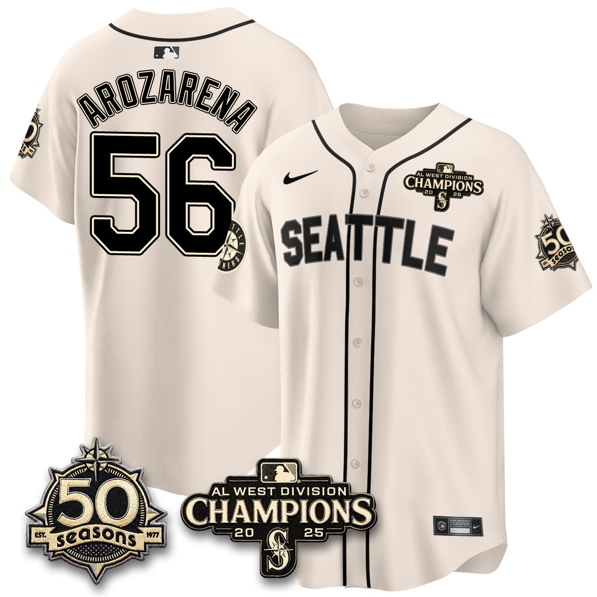 SEA Limited Throwback Cream Jersey - 50th Anniversary & AL West Division Champions - Stitched