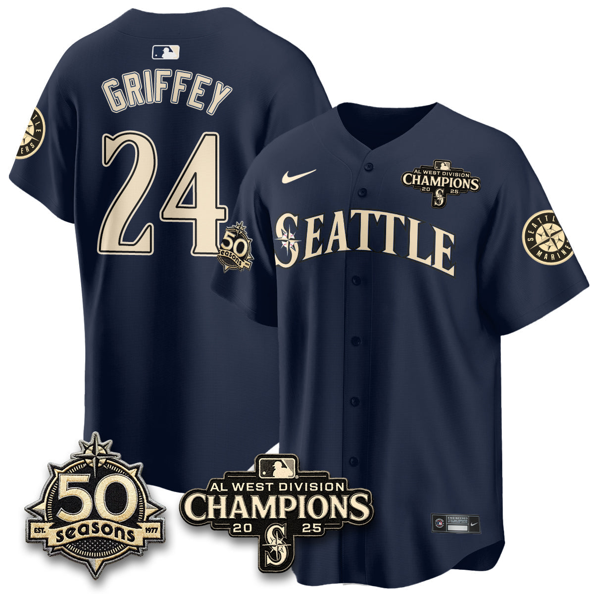 SEA Limited Throwback Cream Jersey - 50th Anniversary & AL West Division Champions - Stitched