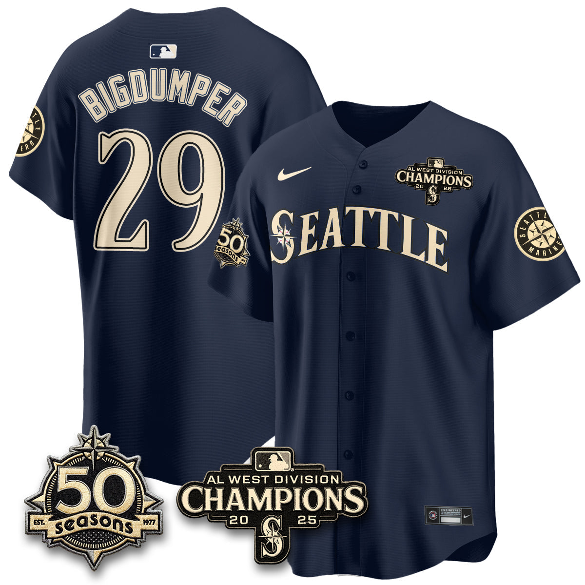 SEA Limited Throwback Cream Jersey - 50th Anniversary & AL West Division Champions - Stitched