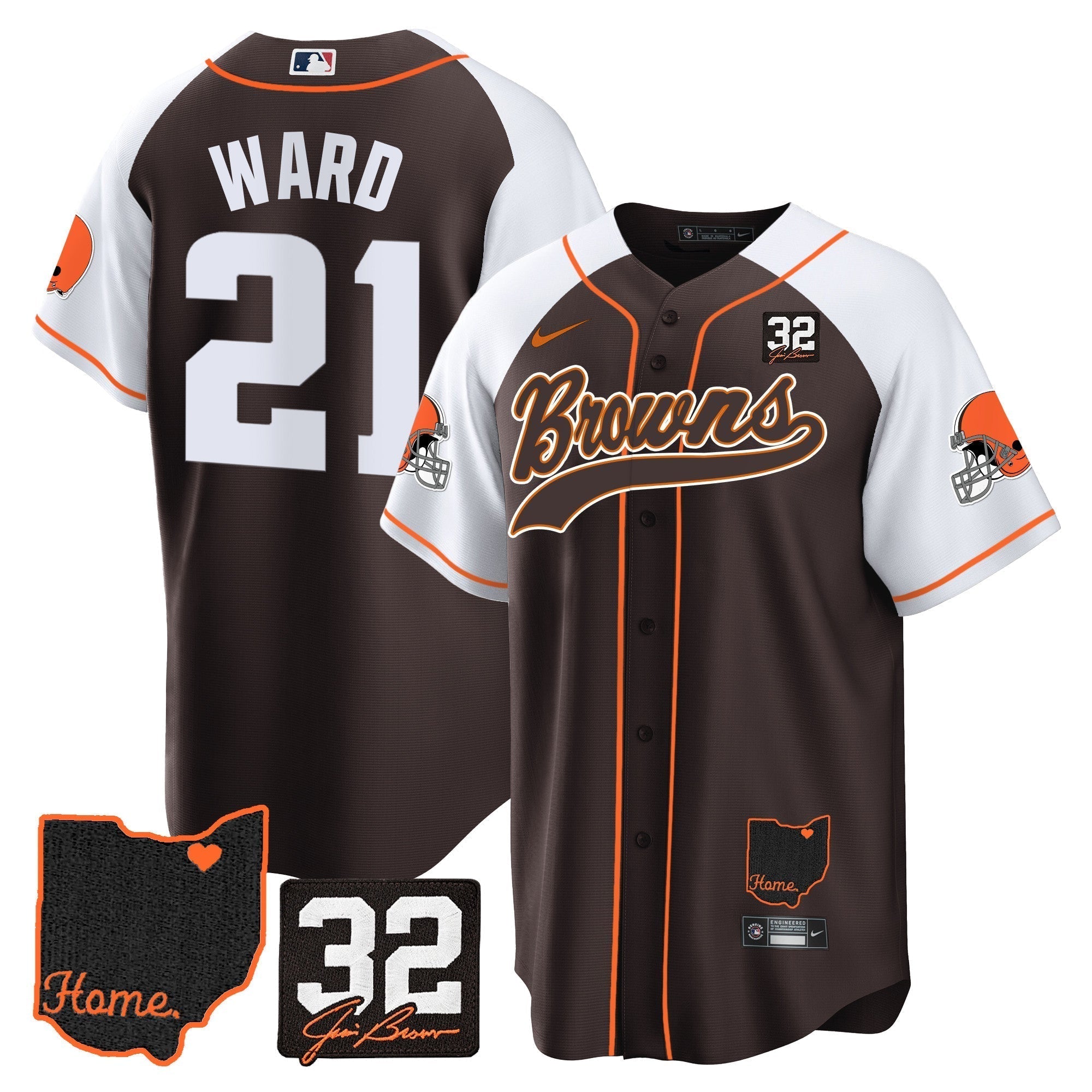 Browns #32 Jim Brown Memorial & Home Patch Baseball Jersey V2 - Stitched